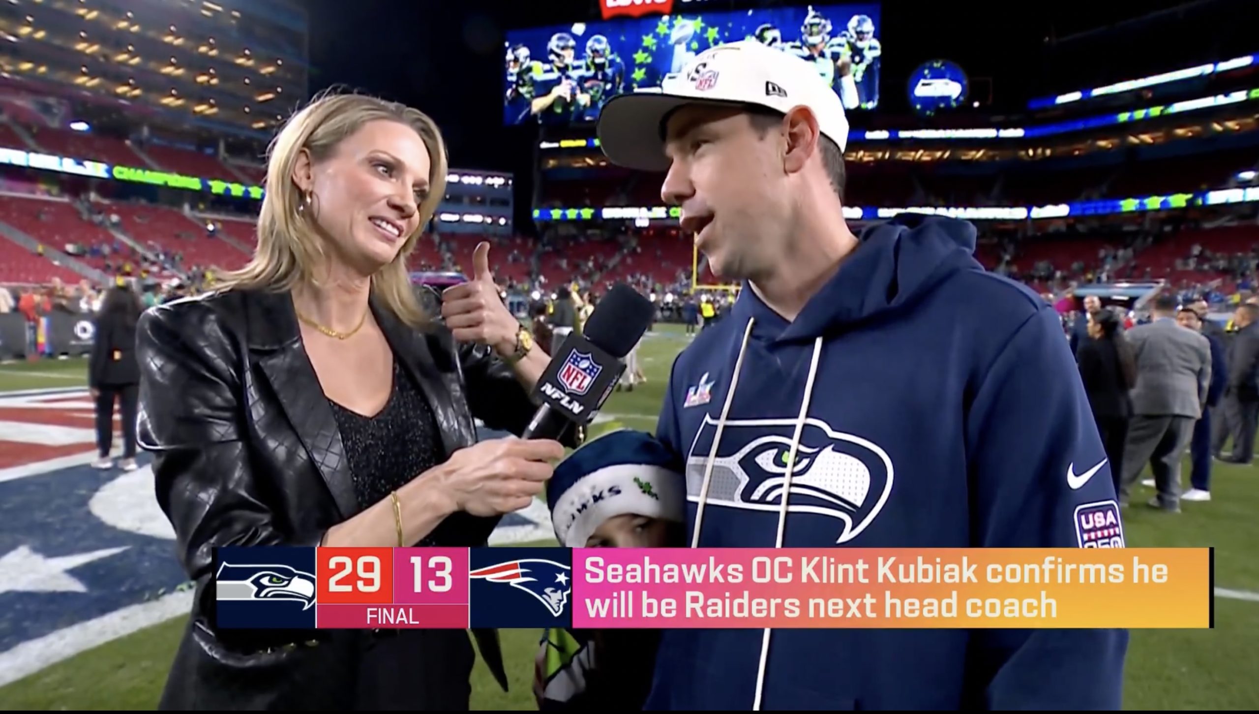 NFL Network's Stacey Dales was able to get Seattle Seahawks offensive coordinator Klint Kubiak to admit he's taking the Las Vegas Raiders head coaching position after Super Bowl LX. Credit: NFL Network