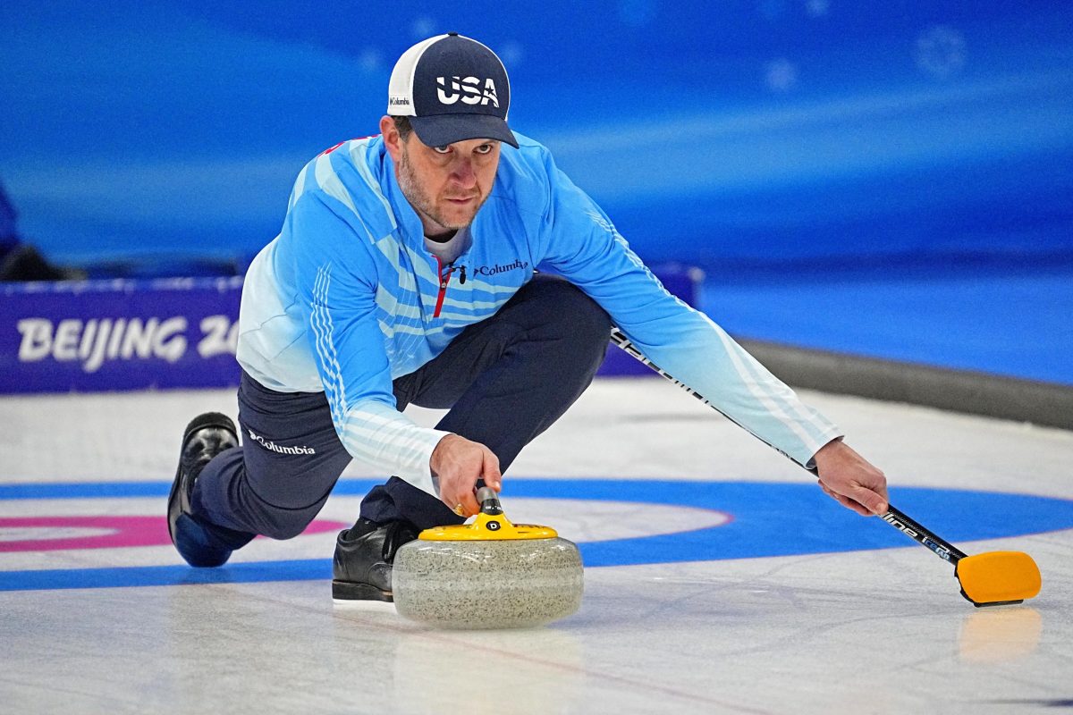 Feb 13, 2022; Beijing, China; John Shuster (USA) in men’s curling round robin play during the Beijing 2022 Olympic Winter Games at National Aquatics Center. Mandatory Credit: Peter Casey-USA TODAY Sports