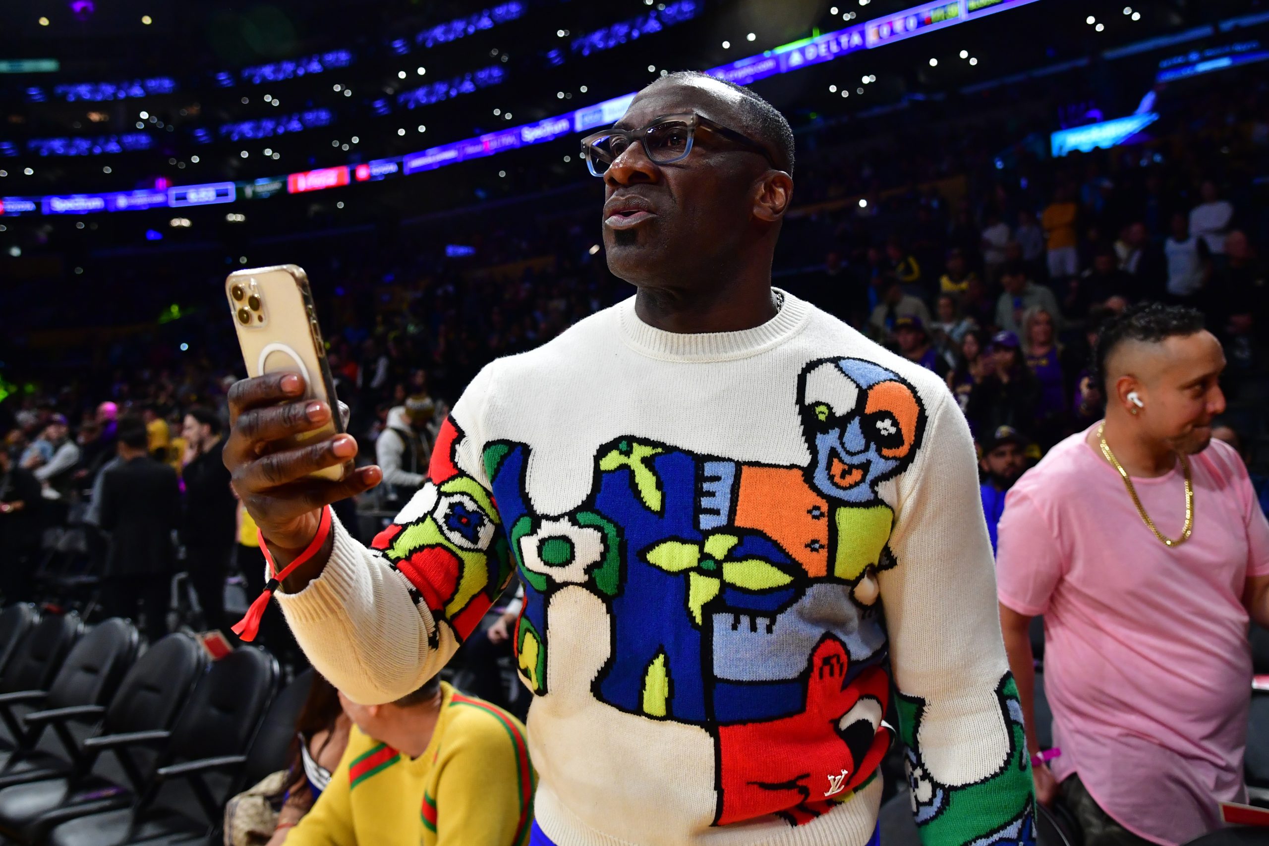 Feb 7, 2023; Los Angeles, California, USA; Former NFL player Shannon Sharpe attends the game between the Los Angeles Lakers and the Oklahoma City Thunder at Crypto.com Arena. Mandatory Credit: Gary A. Vasquez-USA TODAY Sports