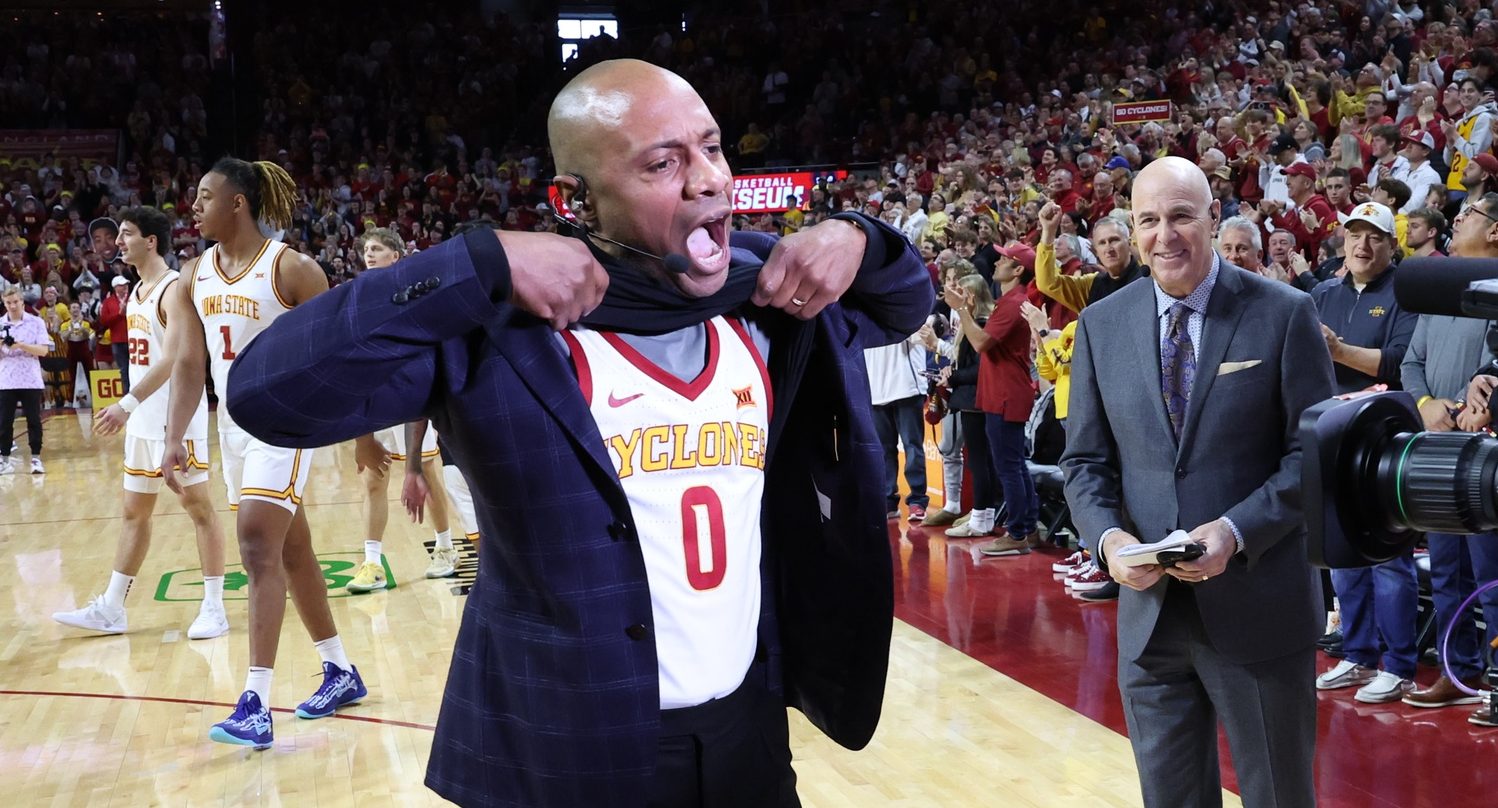 Feb 8, 2025; Ames, Iowa, USA; ESPN Game Day analyst Jay Bilas watches Jay Williams choose the Cyclones to win before the TCU Horned Frogs and the Iowa State Cyclones game at James H. Hilton Coliseum. Mandatory Credit: Reese Strickland-Imagn Images