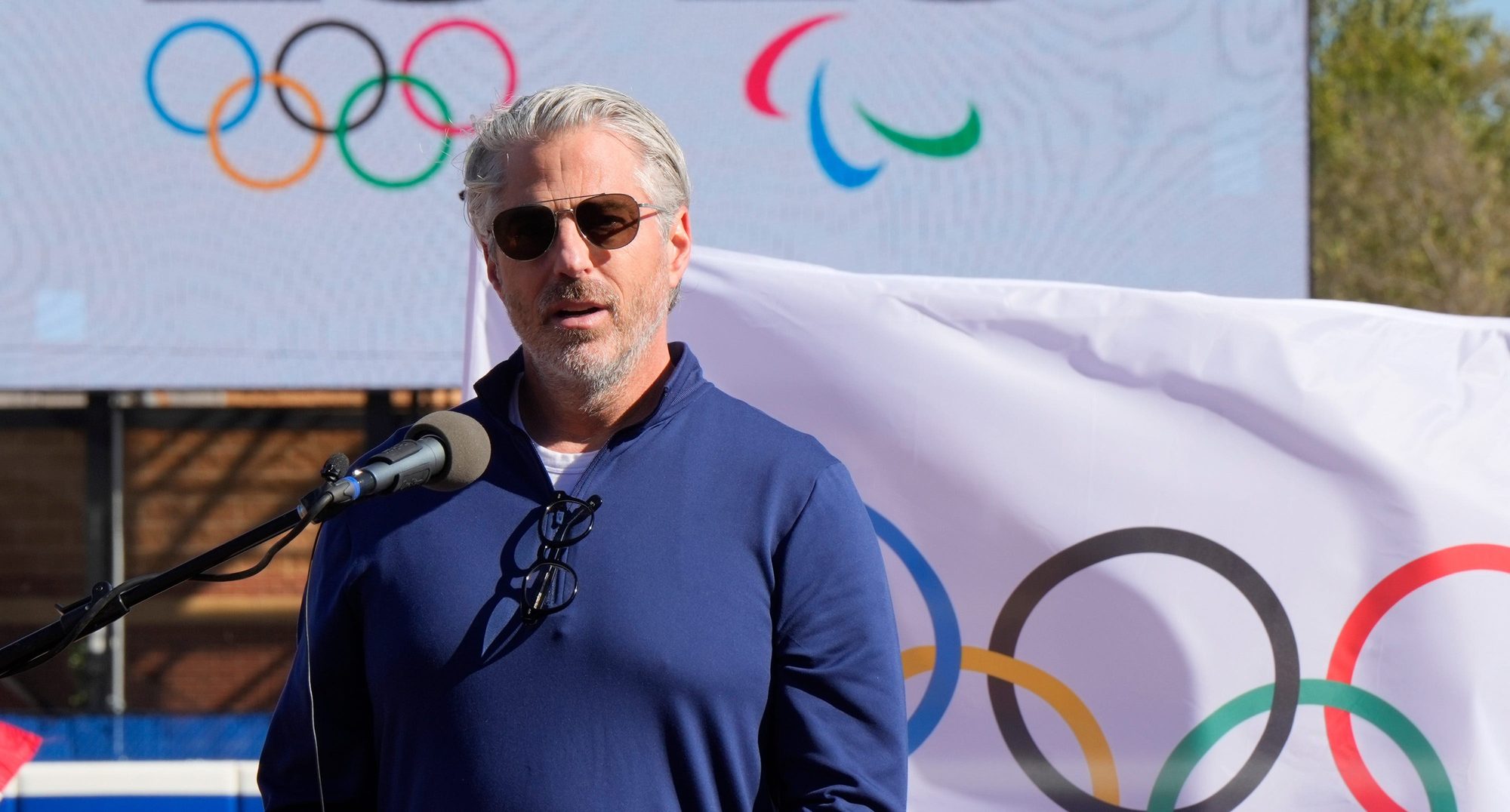 Casey Wasserman, Chairperson and President of LA28, during the media conference celebrating the 1000-day countdown to LA28 at Devon Park in Oklahoma City, Monday, Oct. 20, 2025.