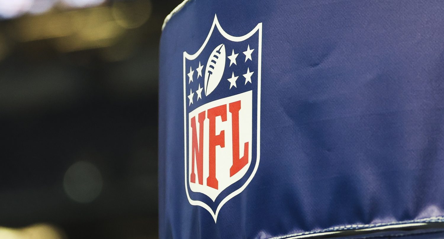 Dec 21, 2025; Arlington, Texas, USA; Detail of NFL logo on a goal post pad before a game between the Los Angeles Chargers and Dallas Cowboys at AT&T Stadium. Mandatory Credit: Kevin Jairaj-Imagn Images