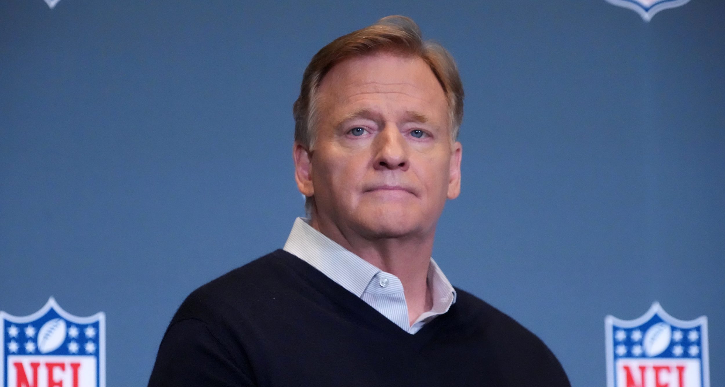 Feb 2, 2026; San Jose, CA, USA; NFL commissioner Roger Goodell speaks during Super Bowl LX press conference at San Jose Convention Center.