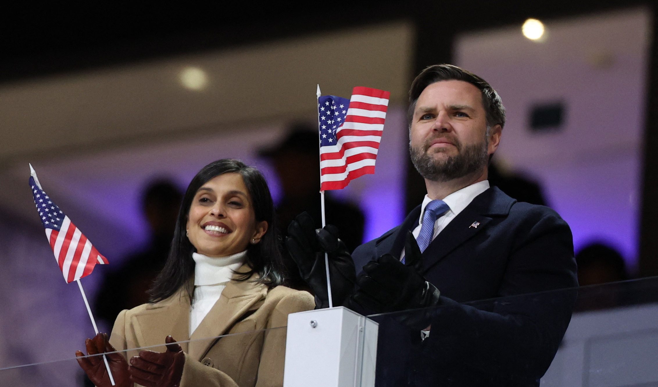[US, Mexico & Canada customers only] Feb 6, 2026; Milan, ITALY; U.S. Vice President JD Vance and Second lady Usha Vance wave American flags during the opening ceremony during the Milano Cortina 2026 Olympic Winter Games.