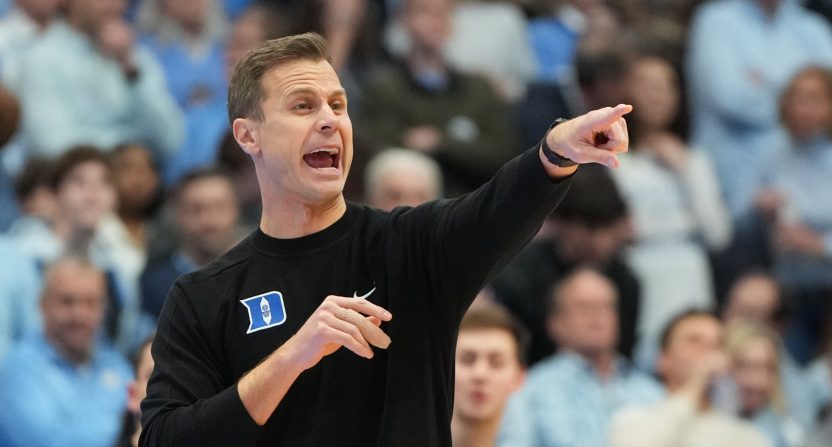 Duke head men's basketball coach Jon Scheyer during a game in Chapel Hill vs North Carolina. Credit: Bob Donnan-Imagn Images