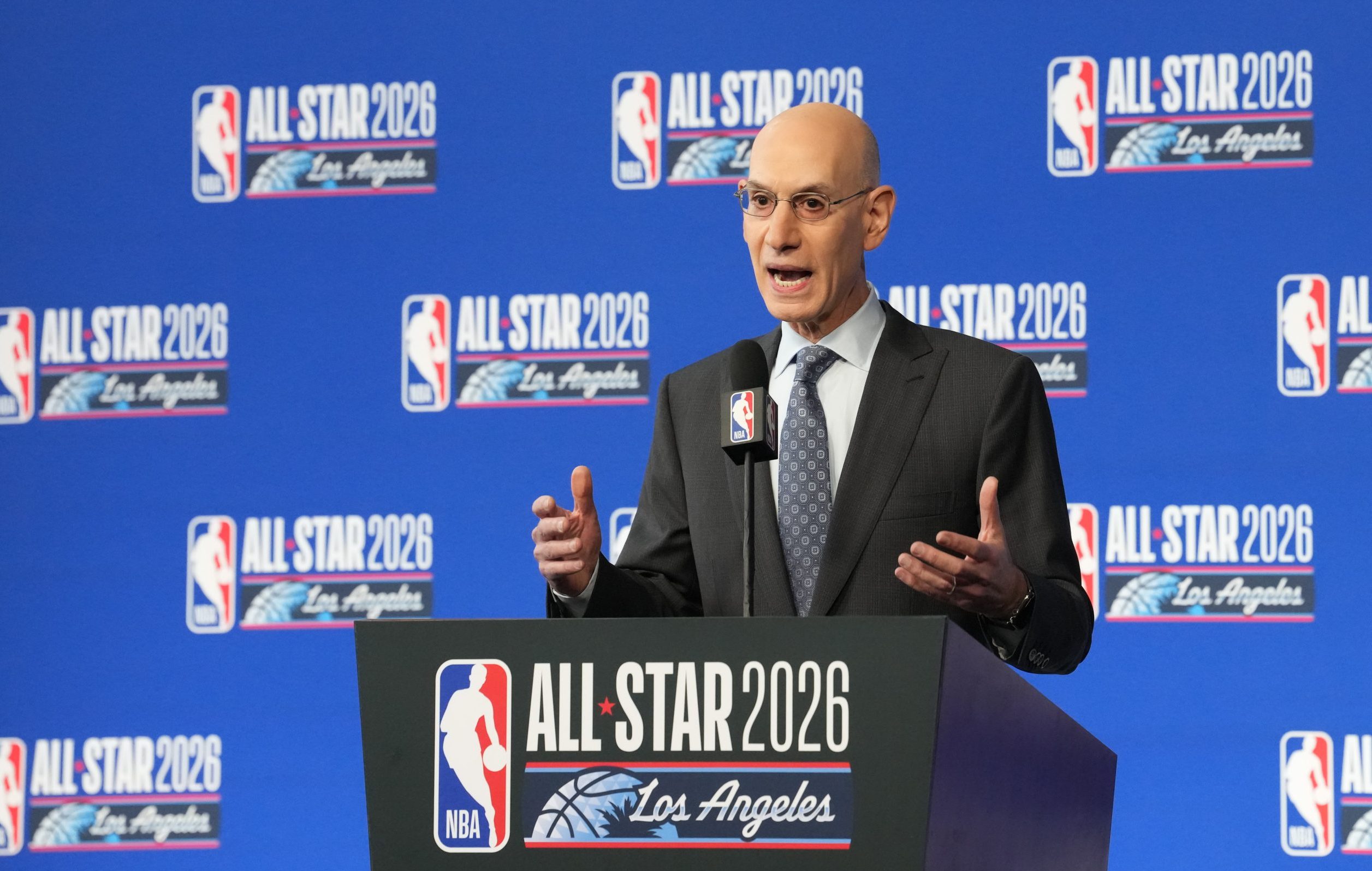 NBA commissioner Adam Silver speaks to the media ahead of the 2026 All-Star Saturday. Credit: Kirby Lee-Imagn Images
