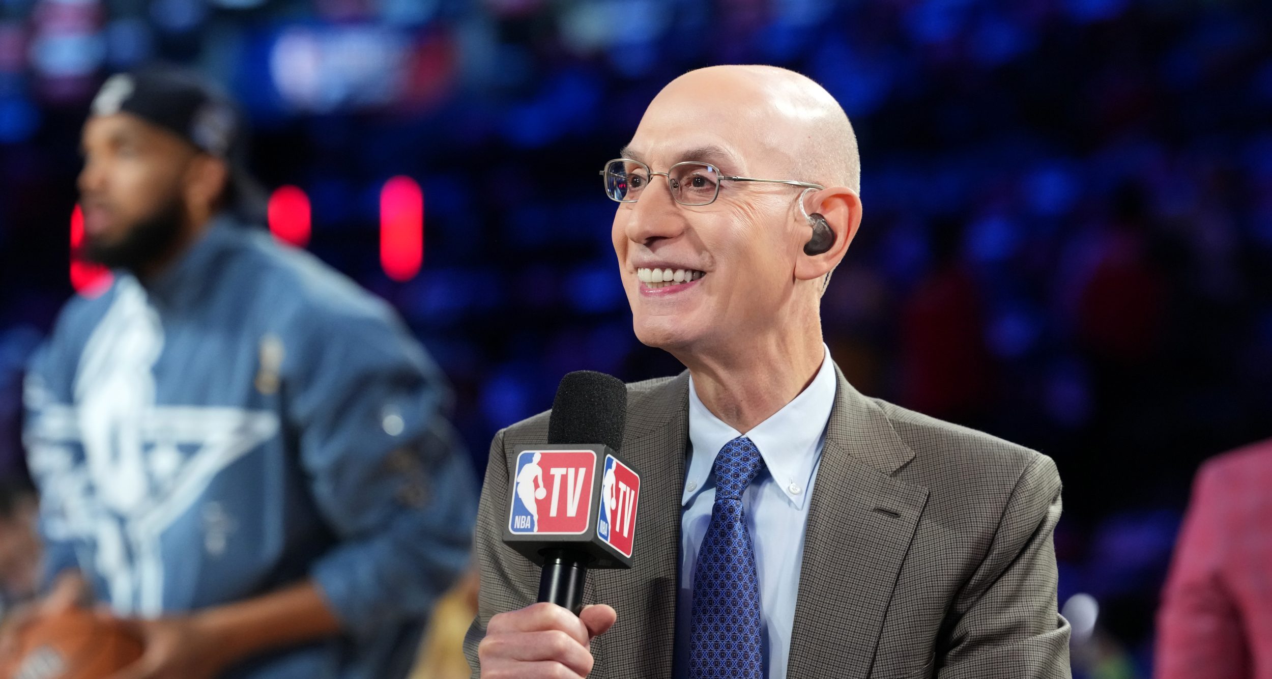 Feb 15, 2026; Inglewood, California, USA; NBA commissioner Adam Silver talks to media before the 75th NBA All Star Game at Intuit Dome.