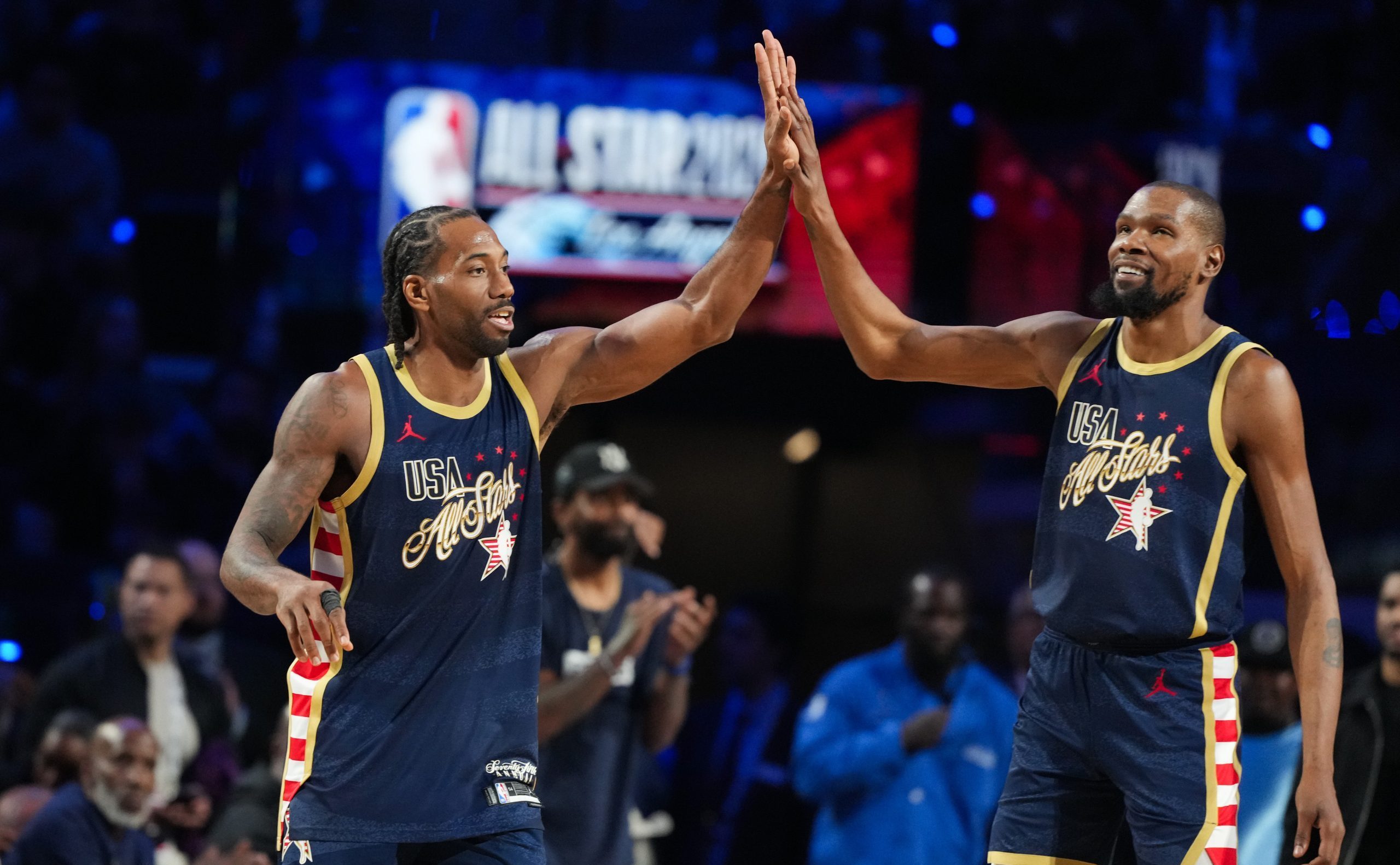 Kawhi Leonard and Kevin Durant celebrate during the 2026 NBA All-Star Game. Credit: Kirby Lee-Imagn Images