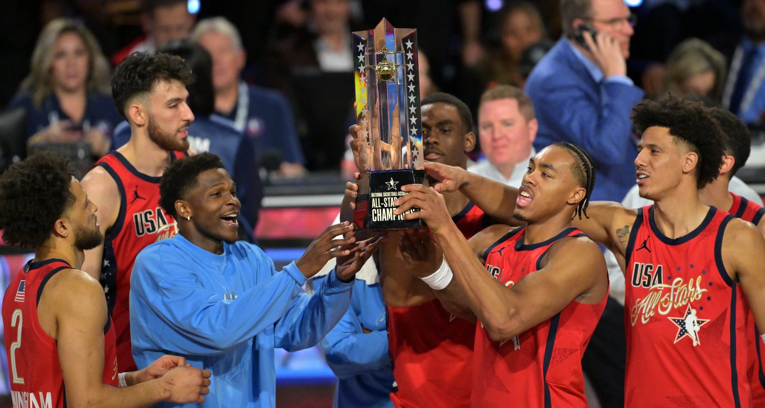 eam USA Stars celebrate with the trophy after the championship game during the 75th NBA All Star Game