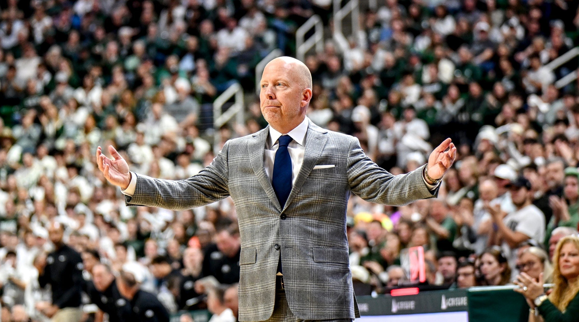 UCLA's head coach Mick Cronin reacts during the first half against Michigan State on Tuesday, Feb. 17, 2026, at the Breslin Center in East Lansing.