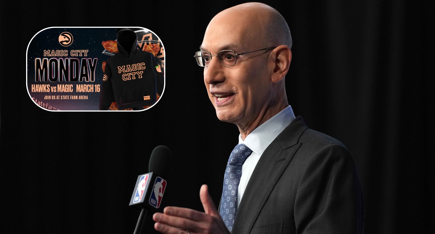 NBA commissioner Adam Silver canceled a Magic City in-arena promotion night from the Atlanta Hawks. Credit: Kirby Lee-Imagn Images; Atlanta Hawks (Magic City promo)