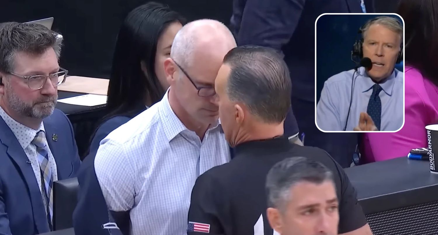 UConn head coach Dan Hurley and referee Roger Ayers have a controversial interaction during the Elite Eight finish. Credit: NCAA March Madness; NBC (Terry McAulay)