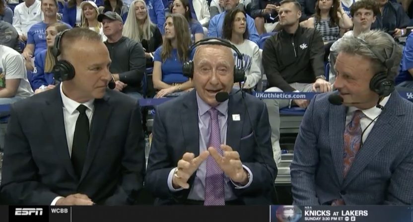 Dick Vitale, Karl Ravech, and Jimmy Dykes on the Florida-Kentucky broadcast at Rupp Arena. Credit: ESPN