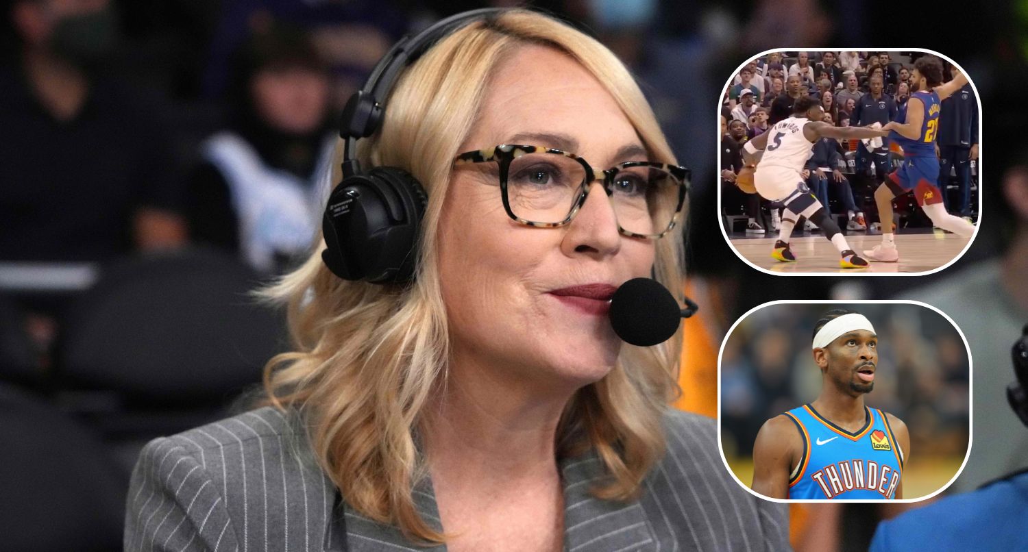 ESPN announcer Doris Burke, Oklahoma City Thunder star Shai Gilgeous-Alexander, and Anthony Edwards and Jamal Murray. Credit: Kirby Lee-Imagn Images (Doris Burke); Darren Yamashita-Imagn Images (SGA); ABC (Anthony Edwards/Jamal Murray)