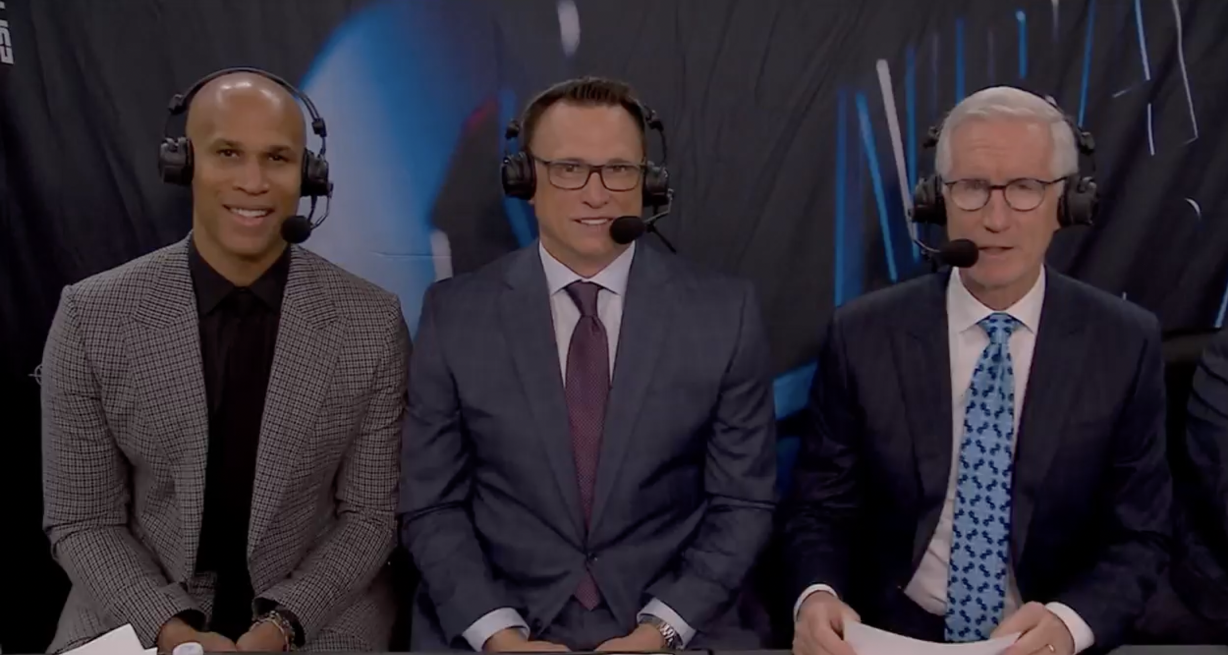 ESPN's lead NBA booth of Richard Jefferson, Tim Legler, and Mike Breen.