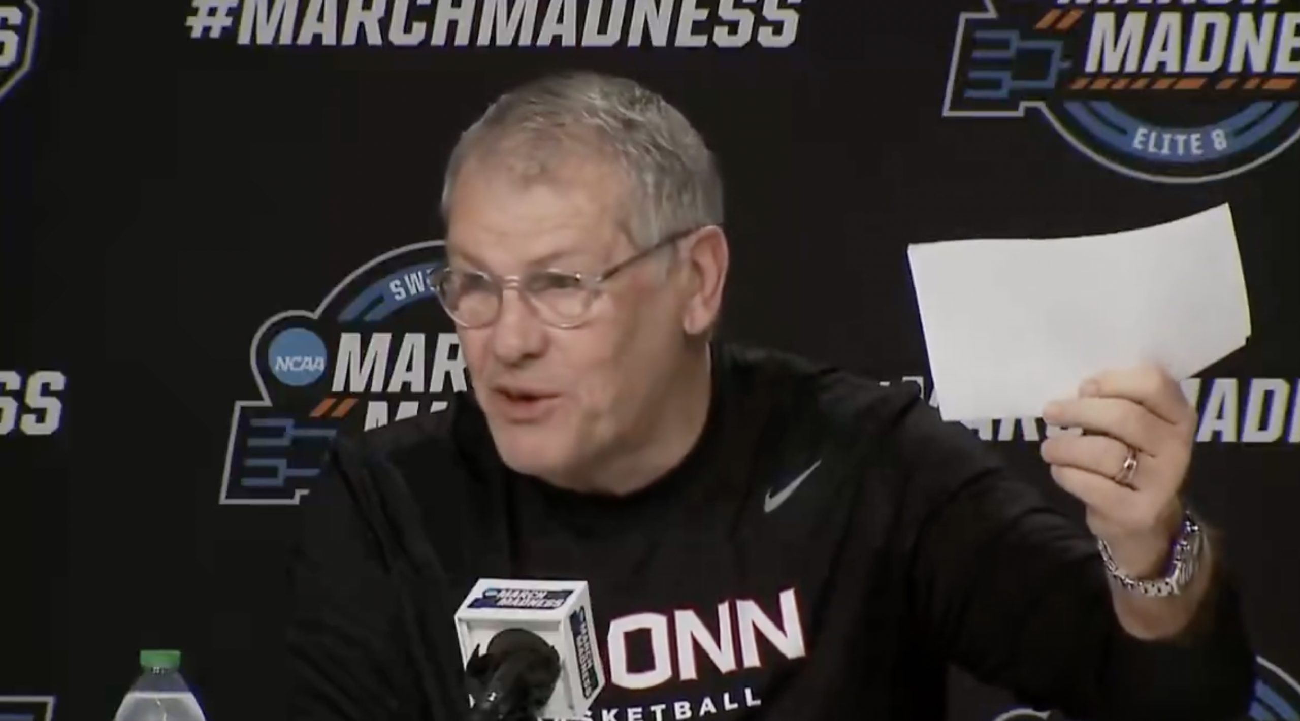 Connecticut Huskies head coach Geno Auriemma sounds off in a press conference at the 2026 NCAA Tournament. Credit: NCAA March Madness
