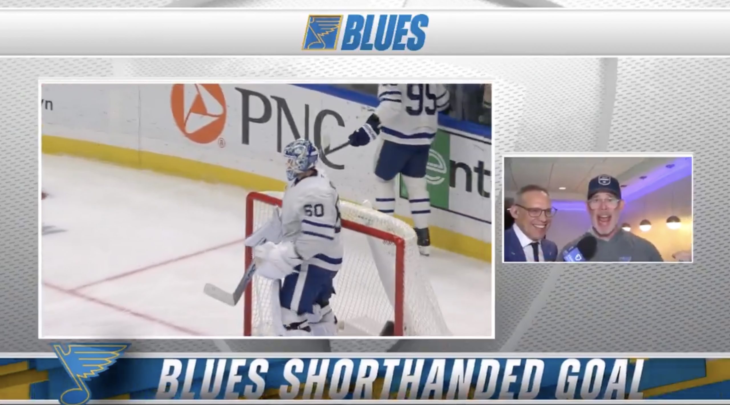 Joe Buck is interviewed and provides impromptu play-by-play during a St. Louis Blues broadcast. Credit: FanDuel Sports Midwest