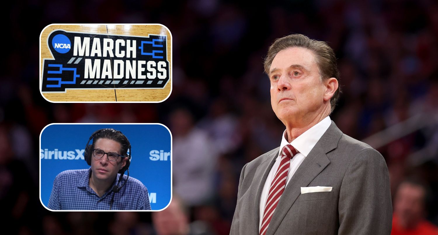 St. John's head men's basketball coach Rick Pitino, the March Madness logo, and sports radio host Adam Schein. Credit: Brad Penner-Imagn Images (Rick Pitino); Kirby Lee-Imagn Images (Adam Schein and March Madness)