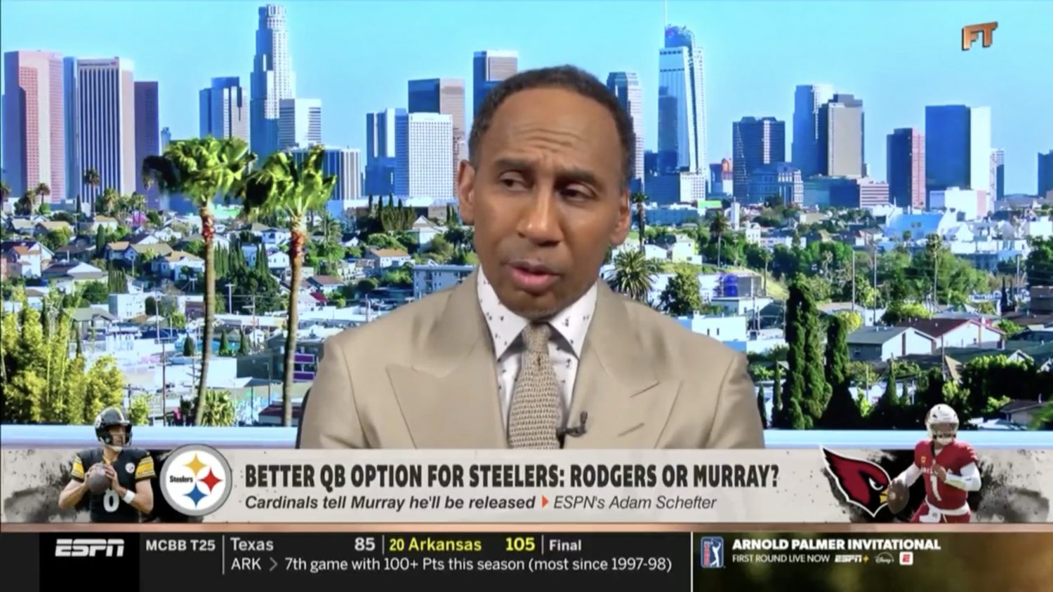 Stephen A. Smith discussing Aaron Rodgers' future on First Take