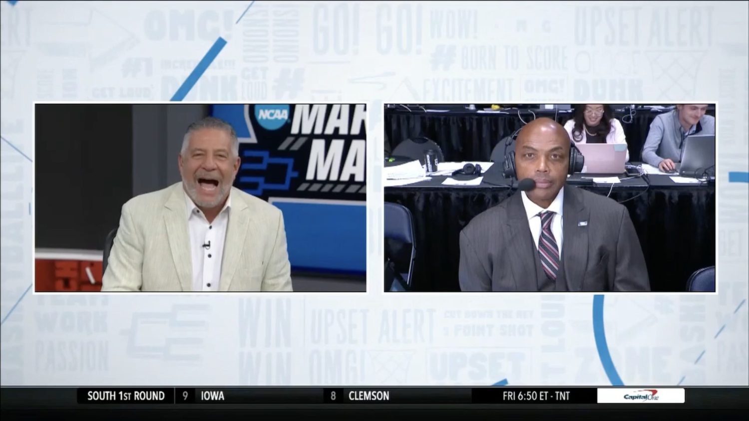 Bruce Pearl and Charles Barkley during First Four broadcast
