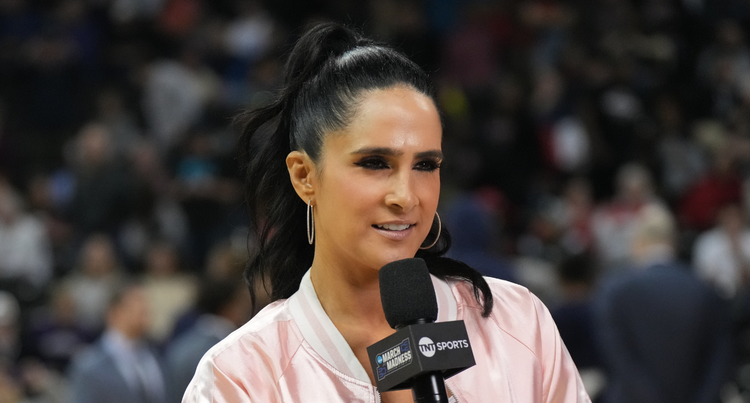 Mar 22, 2024; Spokane, WA, USA; Reporter Lauren Shehadi covers a game between the Auburn Tigers and the Yale Bulldogs in the first round of the 2024 NCAA Tournament at Spokane Veterans Memorial Arena. Mandatory Credit: Kirby Lee-USA TODAY Sports