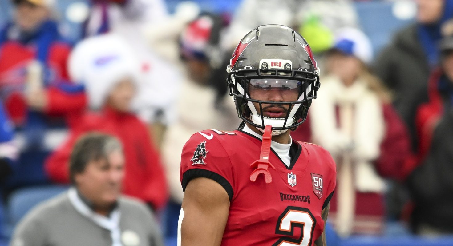 Tampa Bay Buccaneers wide receiver Emeka Egbuka (2) warms up prior to the game against the Buffalo Bills at Highmark Stadium.