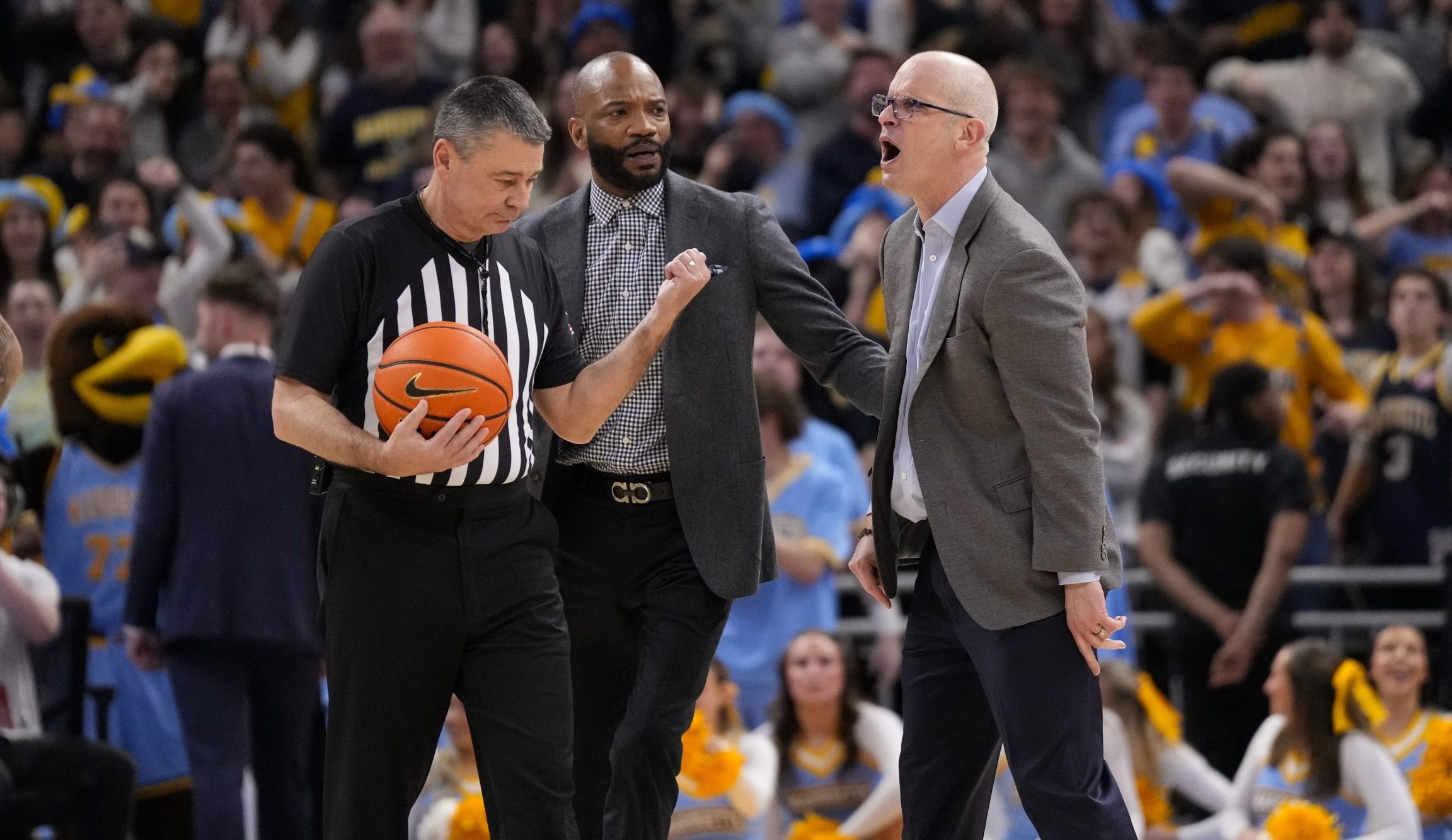 UConn head coach Dan Hurley is ejected during a game at Marquette after confronting and bumping a ref. Credit: Jeff Hanisch-Imagn Images