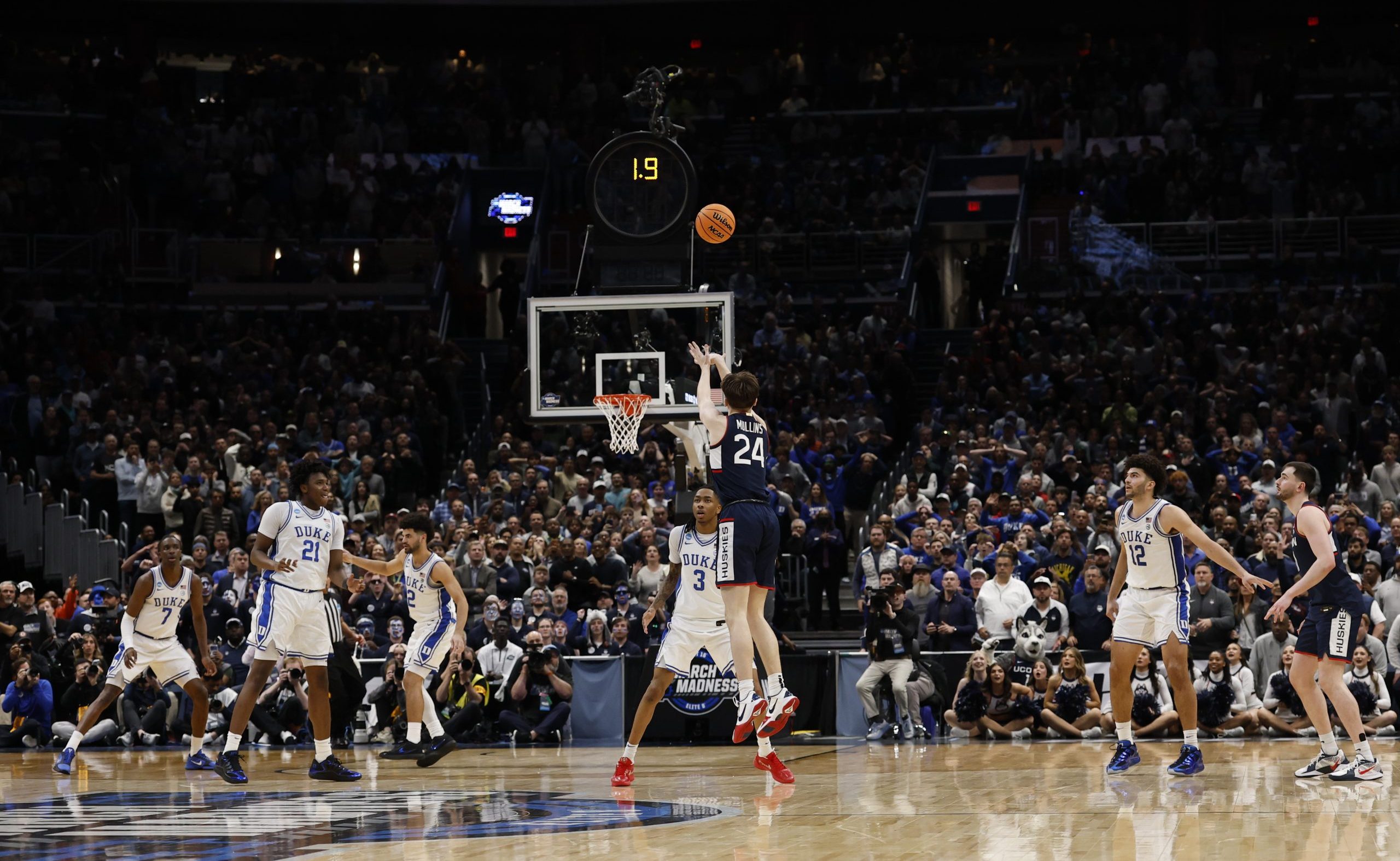 Braylon Mullins nails a three from the logo to send UConn to the Final Four in a stunning Elite Eight win over Duke in the 2026 NCAA Tournament. Credit: Geoff Burke-Imagn Images
