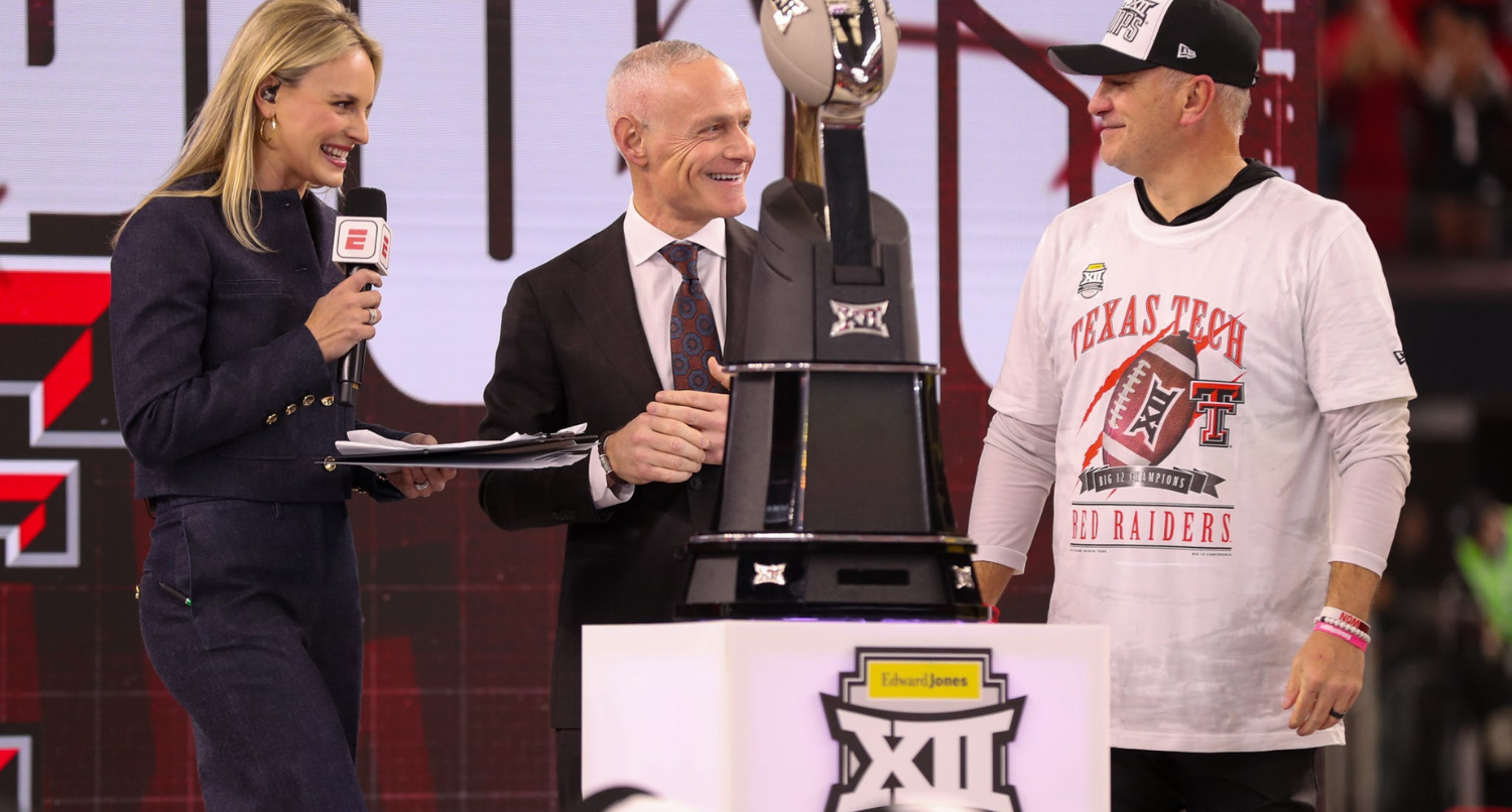 Texas Tech head coach Joey McGuire stands with commissioner Brett Yormark (middle) and ESPN's Katie Georgie after winning Big 12 Championship football game, Saturday, Nov. 6, 2025, at AT&T Stadium in Arlington.