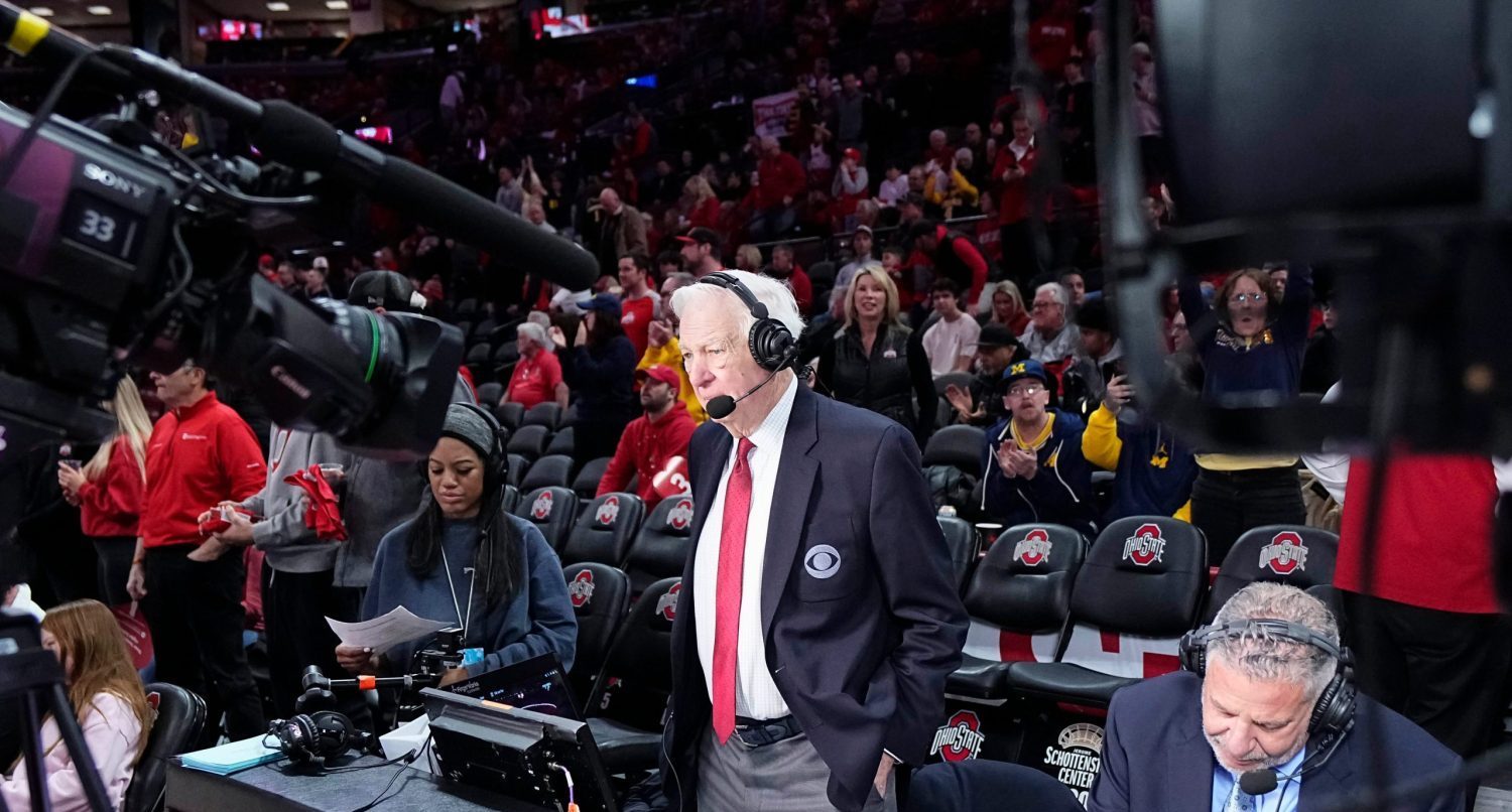 Bill Raftery and Bruce Pearl prepare to call the action for CBS prior to the NCAA men's basketball game between the Ohio State Buckeyes and the Michigan Wolverines at the Schottenstein Center in Columbus on Feb. 8, 2026.