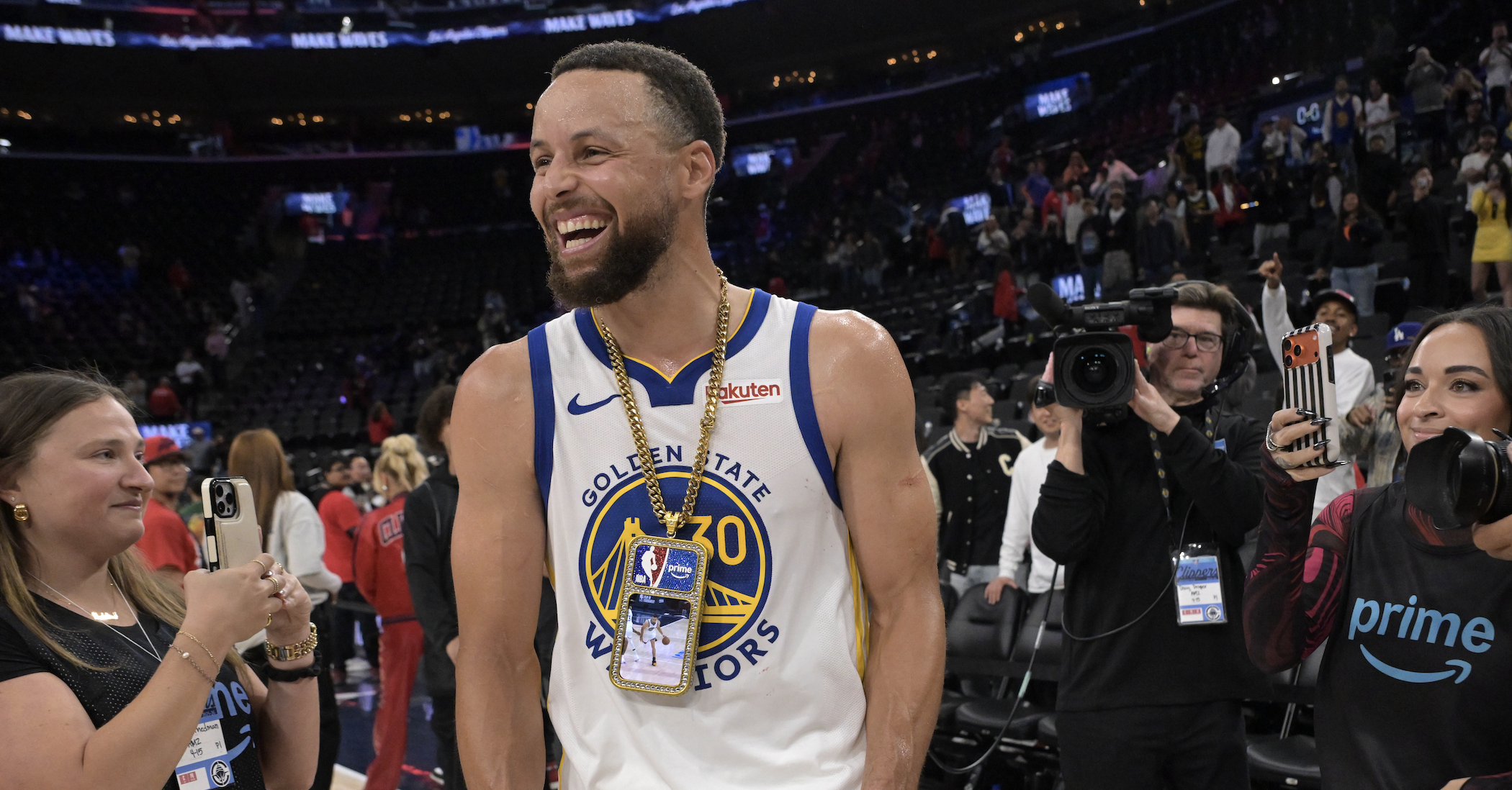 Apr 15, 2026; Inglewood, California, USA; Golden State Warriors guard Stephen Curry (30) smiles on the court after defeating the Los Angeles Clippers during the play-in rounds of the 2026 NBA Playoffs at Intuit Dome. Mandatory Credit: Jayne Kamin-Oncea-Imagn Images