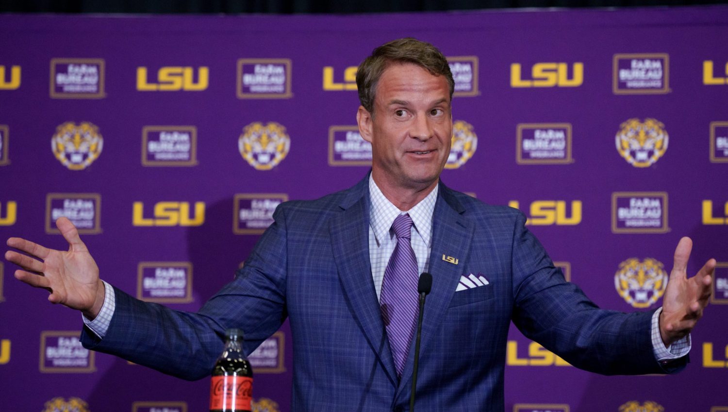 Dec 1, 2025; Baton Rouge, LA, USA; LSU new head coach Lane Kiffin speaks at South Stadium Club at Tiger Stadium.