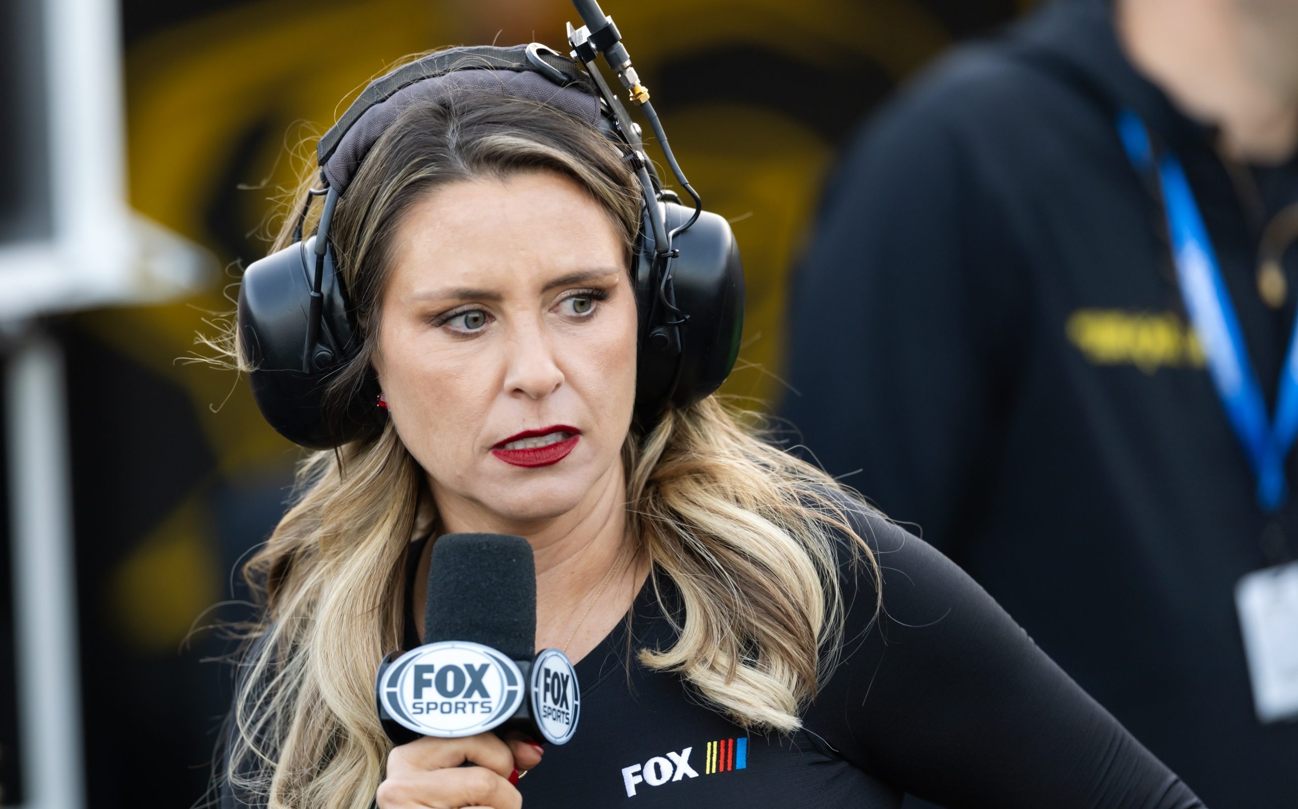 Fox Sports NASCAR reporter Amanda Busick on the job. Credit: Mark J. Rebilas-Imagn Images