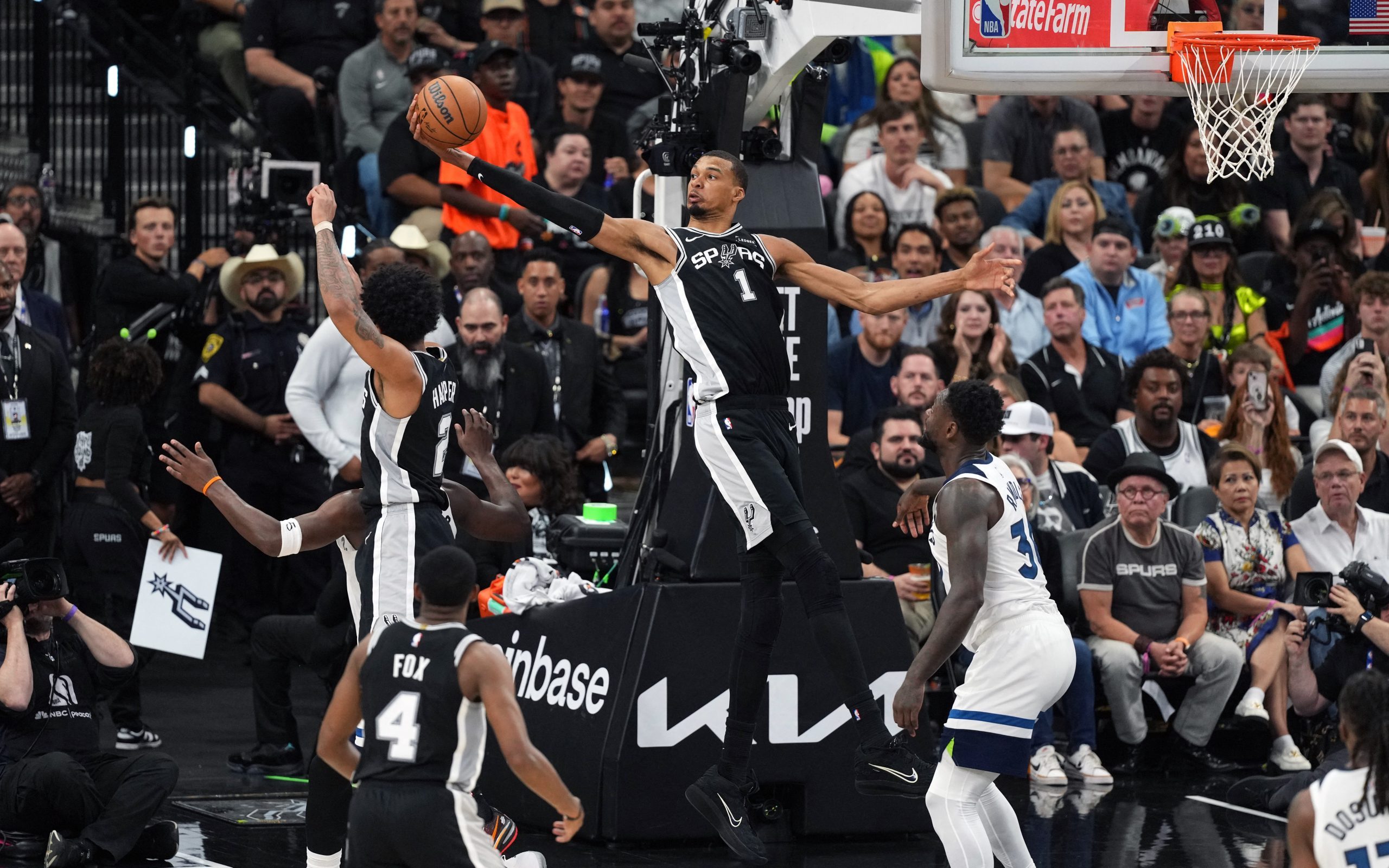 Victor Wembanayma and the San Antonio Spurs play the Minnesota Timberwolves in the 2026 NBA Playoffs. Credit: Scott Wachter-Imagn Images