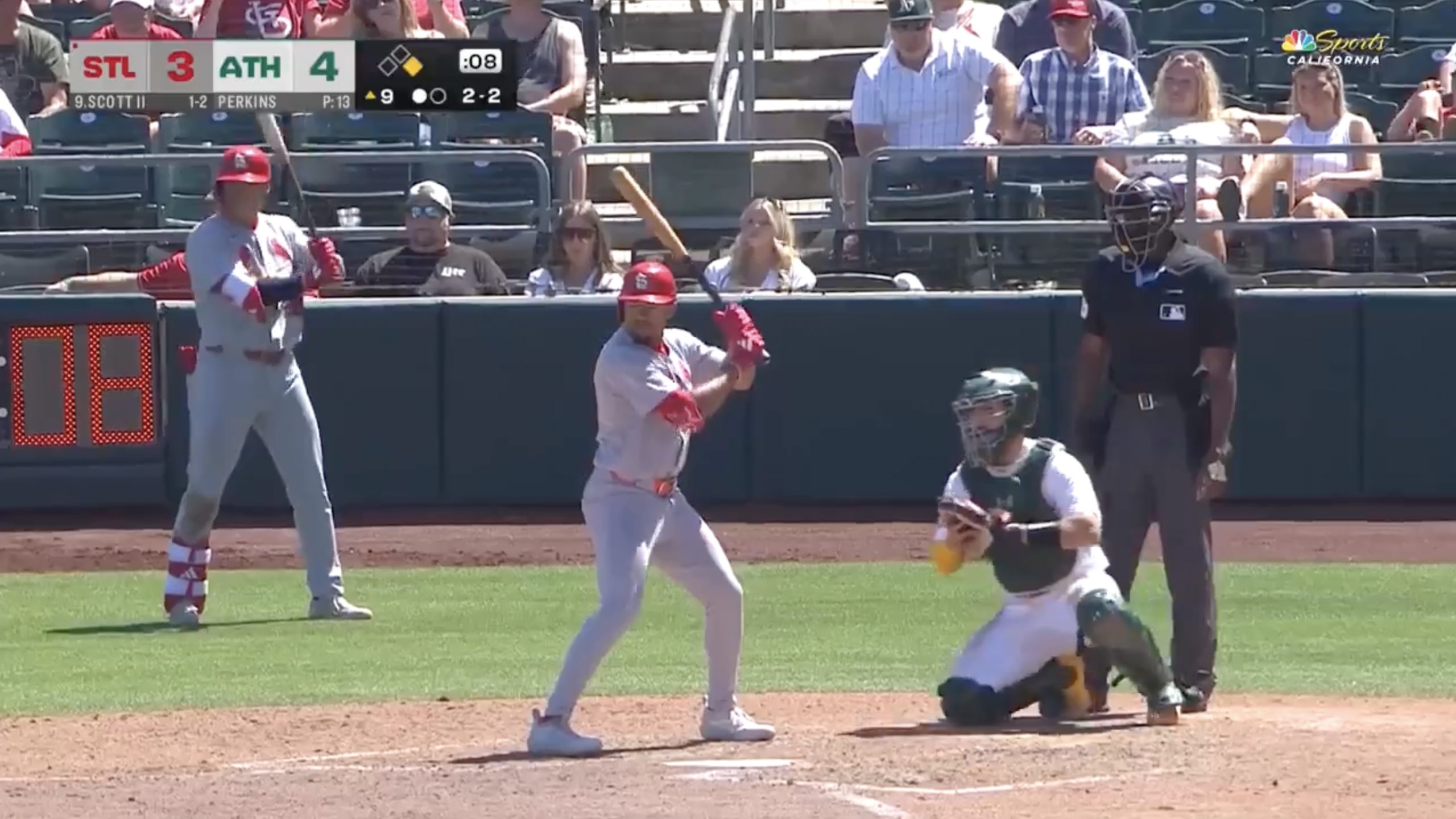 JJ Wetherholt stands very close to home plate as the on-deck batter. Credit: NBC Sports California