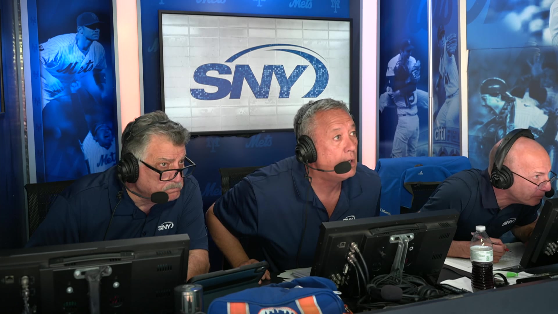 Keith Hernandez, Ron Darling, and Gary Cohen in the SNY Mets booth. Credit: SNY