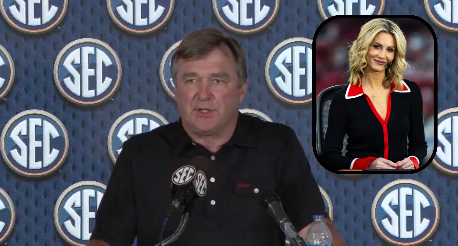 Georgia head football coach Kirby Smart shouts out ESPN's Laura Rutledge to begin his press conference. Credit: SEC Network; Mark J. Rebilas-Imagn Images