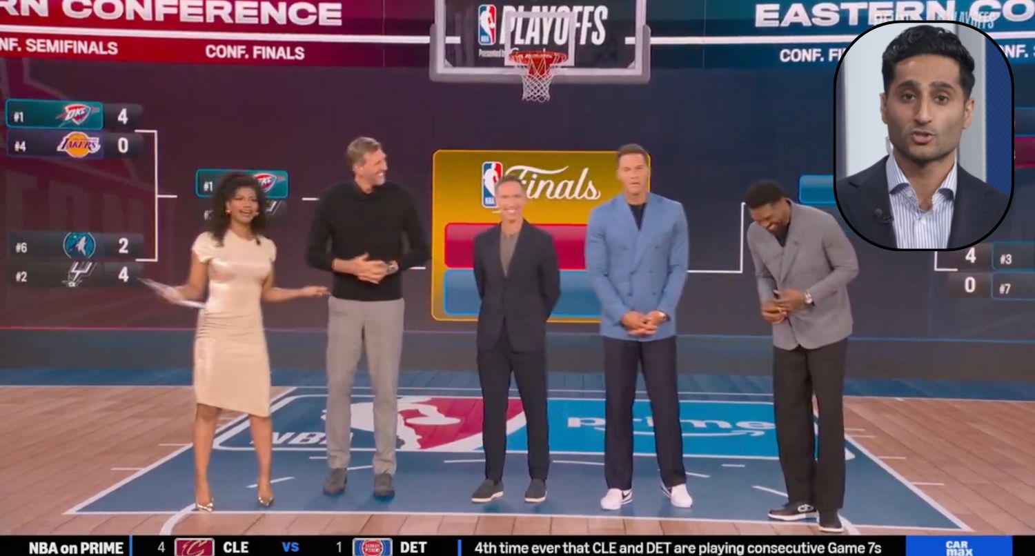 The 'NBA on Prime' crew calls out ESPN's Shams Charania. Credit: Amazon Prime Video; ESPN