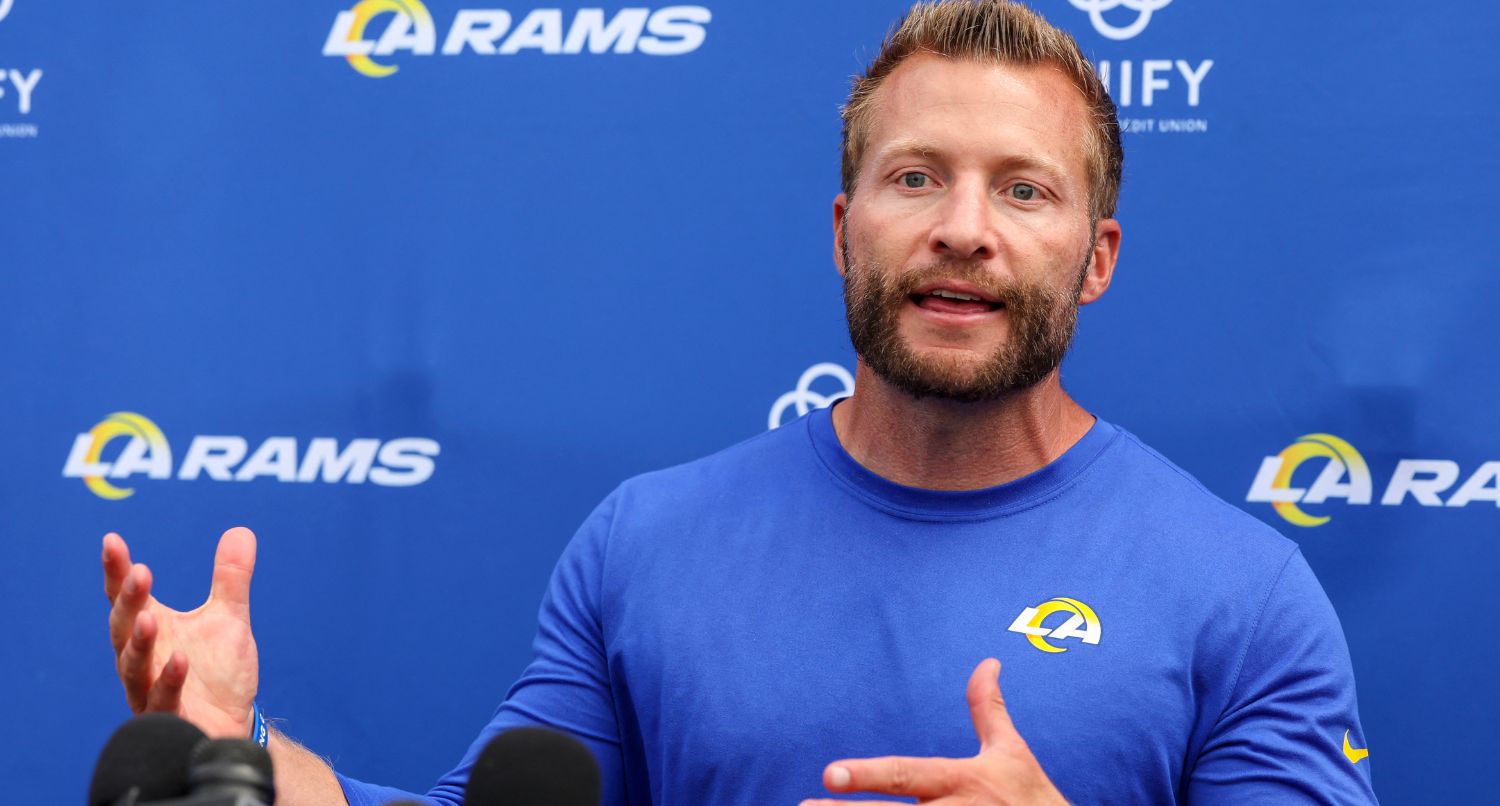 Aug 1, 2024; Los Angeles, CA, USA; Los Angeles Rams head coach Sean McVay speaks to the media after training camp at Loyola Marymount University. Mandatory Credit: Kiyoshi Mio-USA TODAY Sports