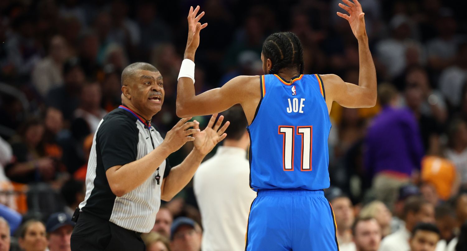 Apr 27, 2026; Phoenix, Arizona, USA; Oklahoma City Thunder guard Isaiah Joe (11) argues with NBA referee Tony Brothers against the Phoenix Suns during game four of the first round of the 2026 NBA Playoffs at Mortgage Matchup Center. Mandatory Credit: Mark J. Rebilas-Imagn Images