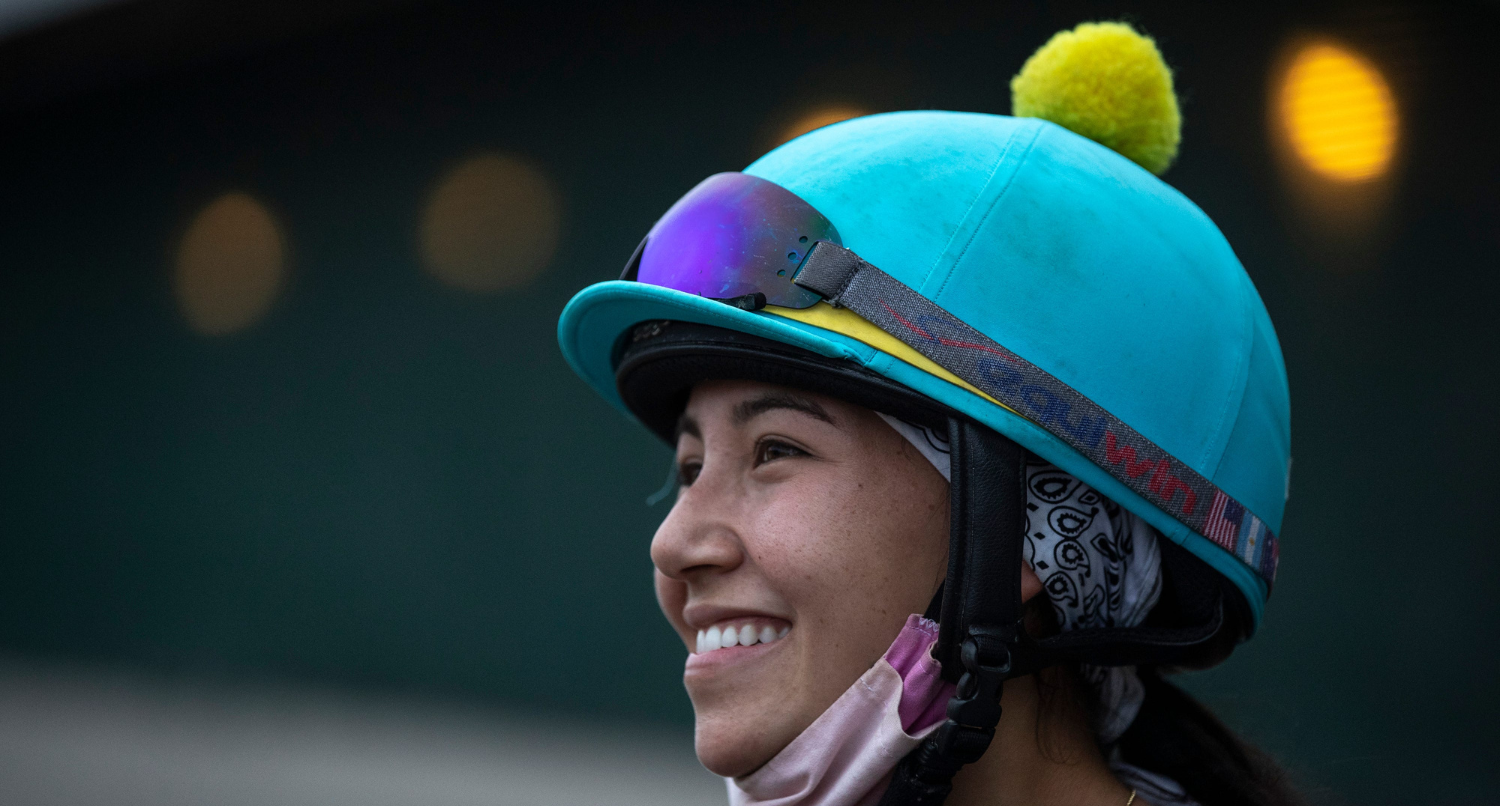 Andie Biancone, 23, is all smiles on the backside of Churchill Downs. Biancone, 23, will saddle Sole Volante for her ailing father, trainer Patrick Biancone.