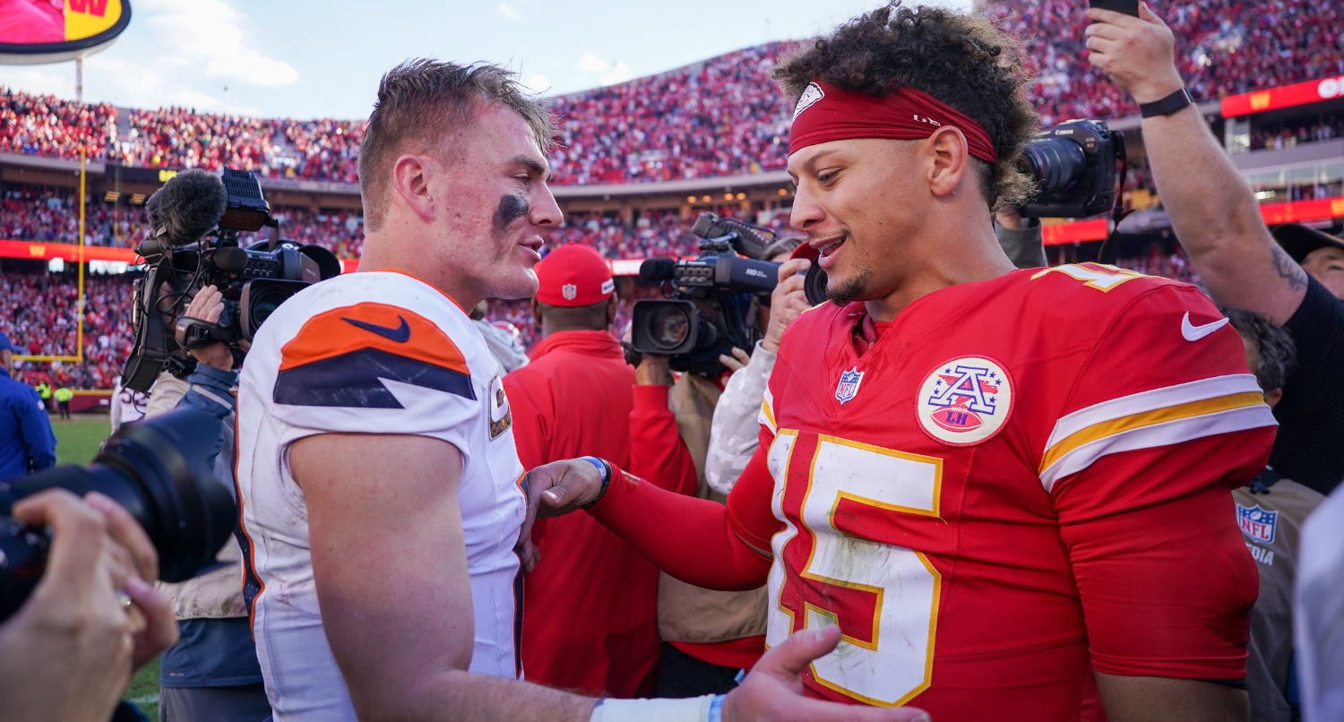 Nov 10, 2024; Kansas City, Missouri, USA; Denver Broncos quarterback Bo Nix (10) talks with Kansas City Chiefs quarterback Patrick Mahomes (15) after the game at GEHA Field at Arrowhead Stadium. Mandatory Credit: Denny Medley-Imagn Images
