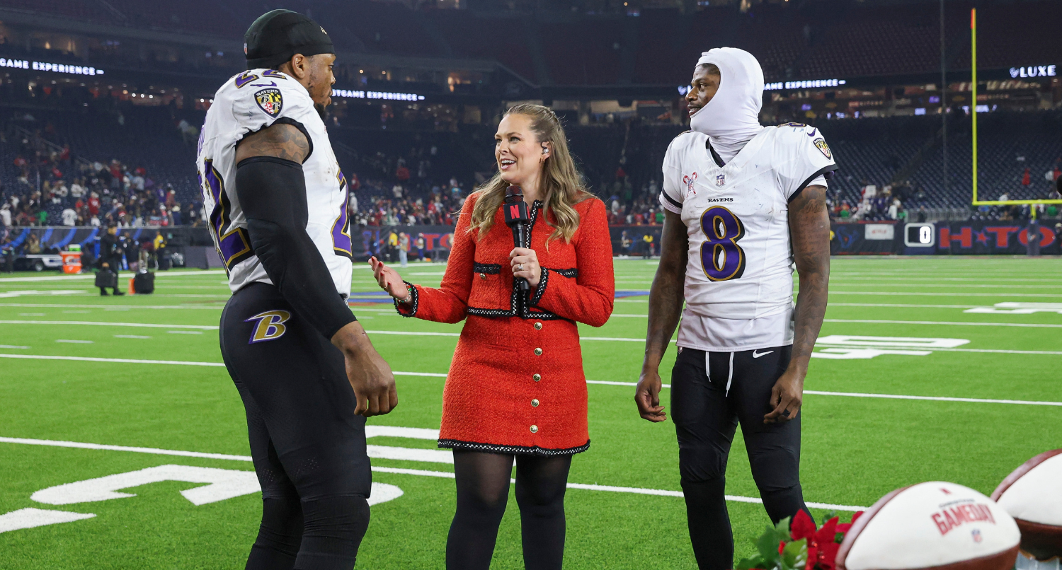 Dec 25, 2024; Houston, Texas, USA; Netflix host Jamie Erdahl interviews Baltimore Ravens running back Derrick Henry (22) and quarterback Lamar Jackson (8) after the game against the Houston Texans at NRG Stadium. Mandatory Credit: Troy Taormina-Imagn Images