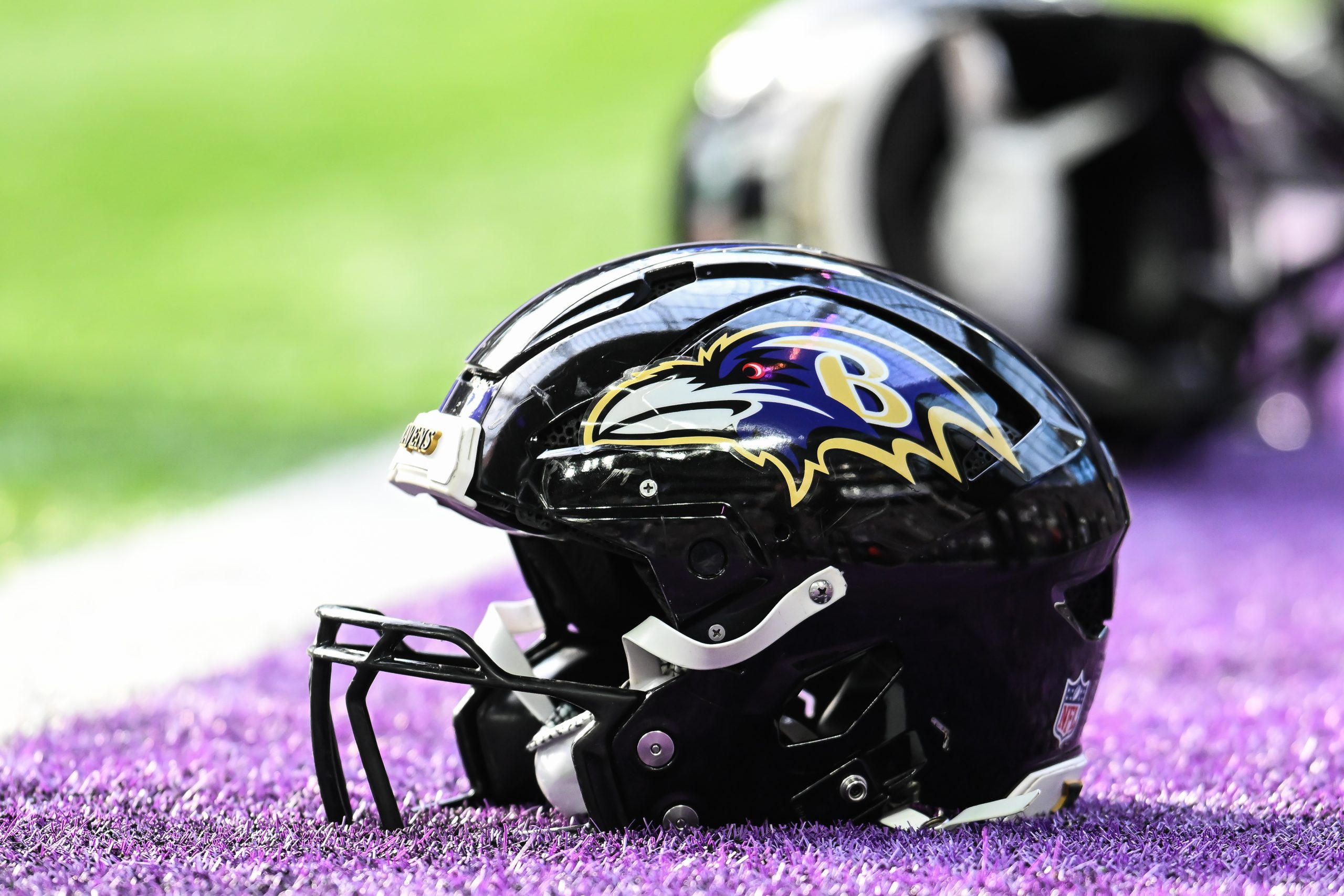 Nov 9, 2025; Minneapolis, Minnesota, USA; A general view of the Baltimore Ravens helmet before the game between the Minnesota Vikings and the Ravens at U.S. Bank Stadium. Mandatory Credit: Jeffrey Becker-Imagn Images
