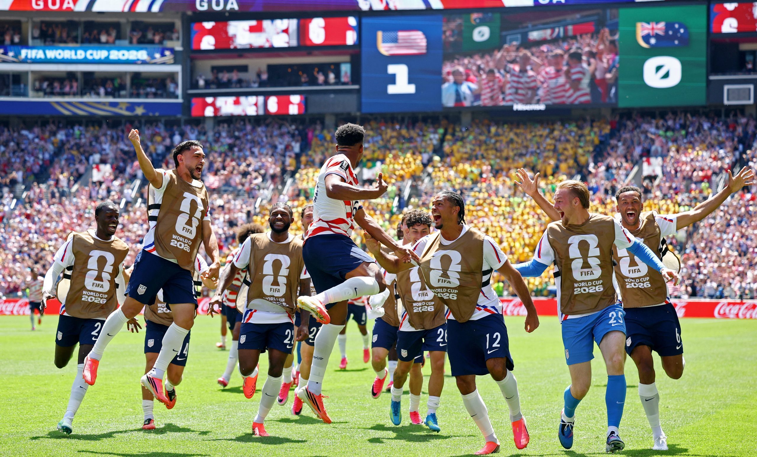 The USMNT celebrates a goal vs. Australia in the 2026 FIFA World Cup. Credit: REUTERS/Albert Gea