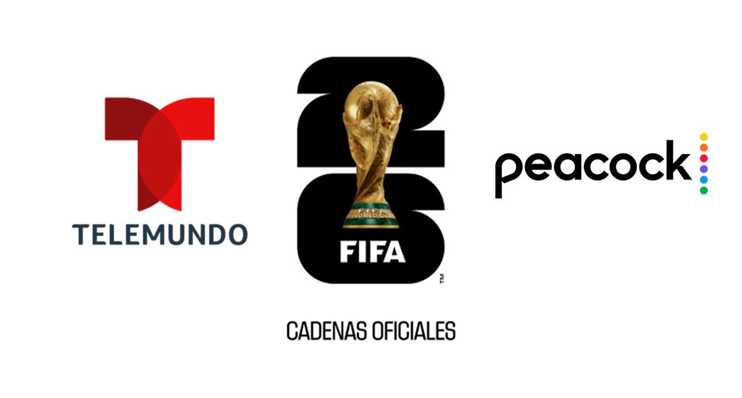 The logo of Telemundo, the 2026 FIFA World Cup and Peacock.