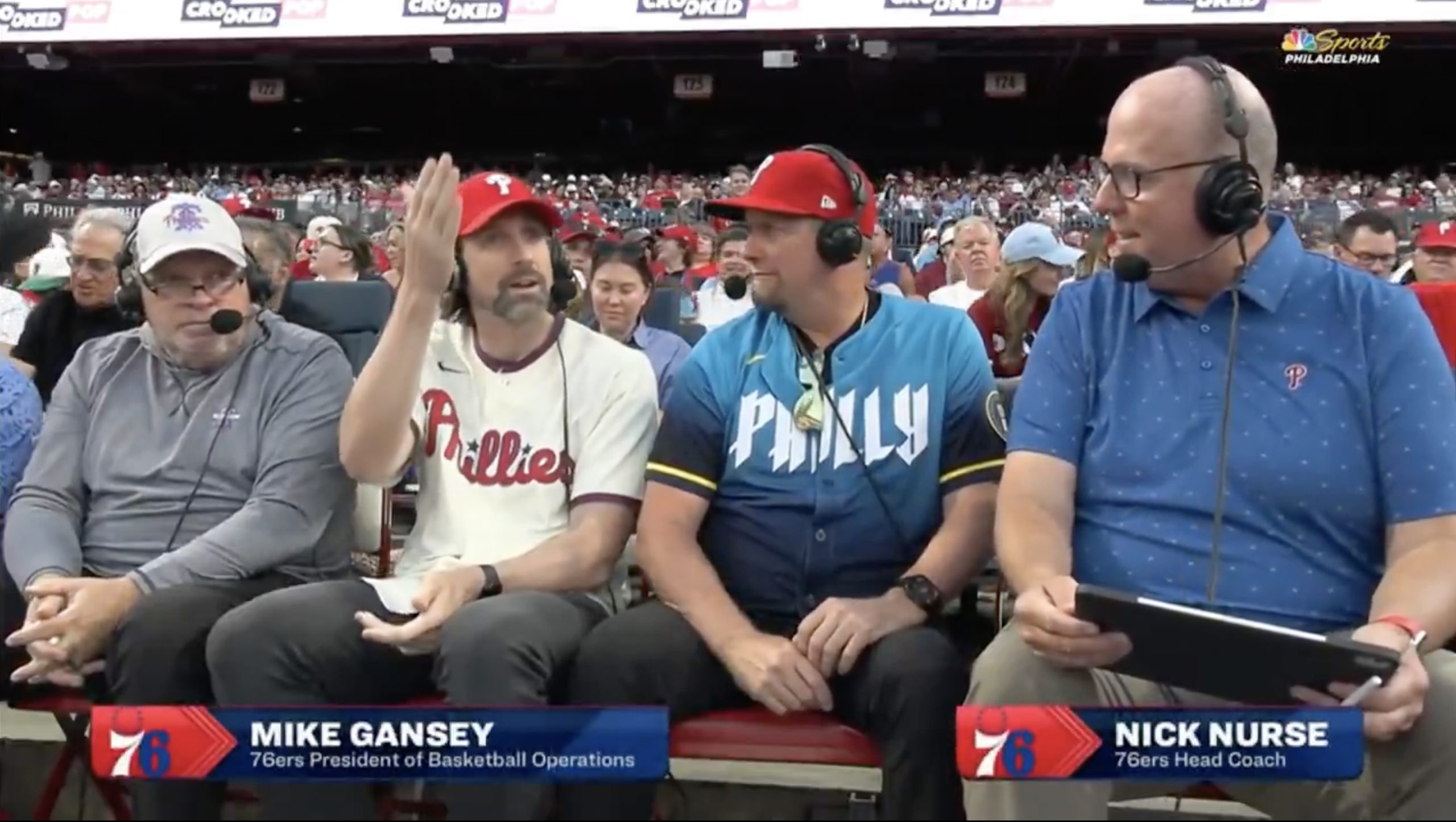 Philadelphia 76ers president of basketball operations Mike Gansey jinxes a no-hitter on the Philadelphia Phillies telecast. Credit: NBC Sports Philadelphia