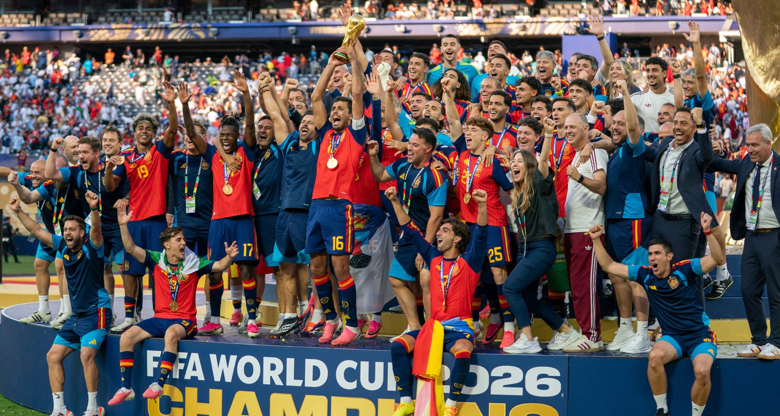 Spain celebrates with the World Cup Trophy