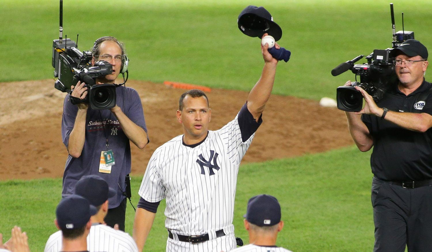 Aug 12, 2016; Bronx, NY, USA; New York Yankees designated hitter Alex Rodriguez (13) waves to the fans after playing his final game as a Yankee against the Tampa Bay Rays at Yankee Stadium. The Yankees won 6-3.