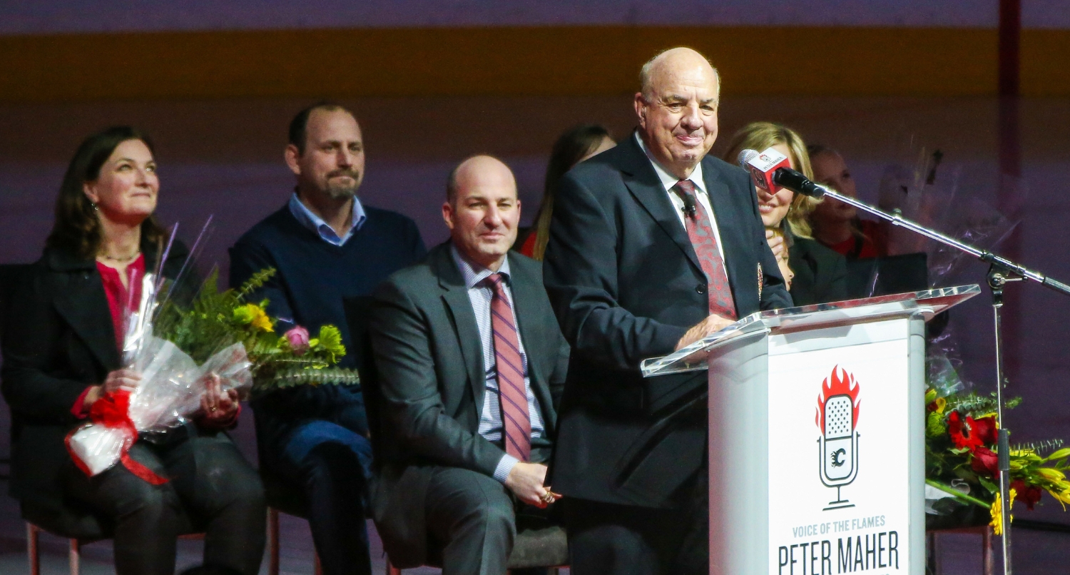 Nov 18, 2014; Calgary, Alberta, CAN; Legendary broadcaster Peter Maher is honored before the game between the Calgary Flames and the Anaheim Ducks at Scotiabank Saddledome. Calgary Flames won 4-3.